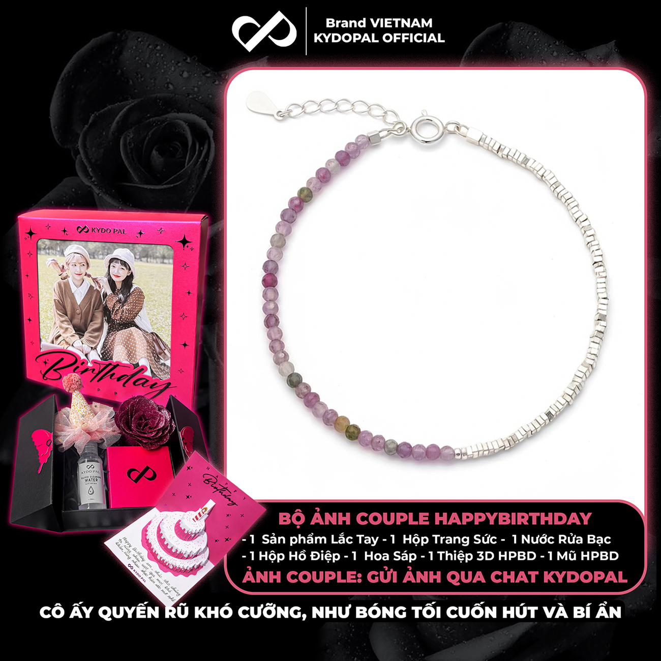 Lắc tay bạc nữ KYDOPAL vòng tay tuamaline hạt đá tròn màu sắc mix hạt bạc vỡ nhẹ nhàng - PAL9C3L24