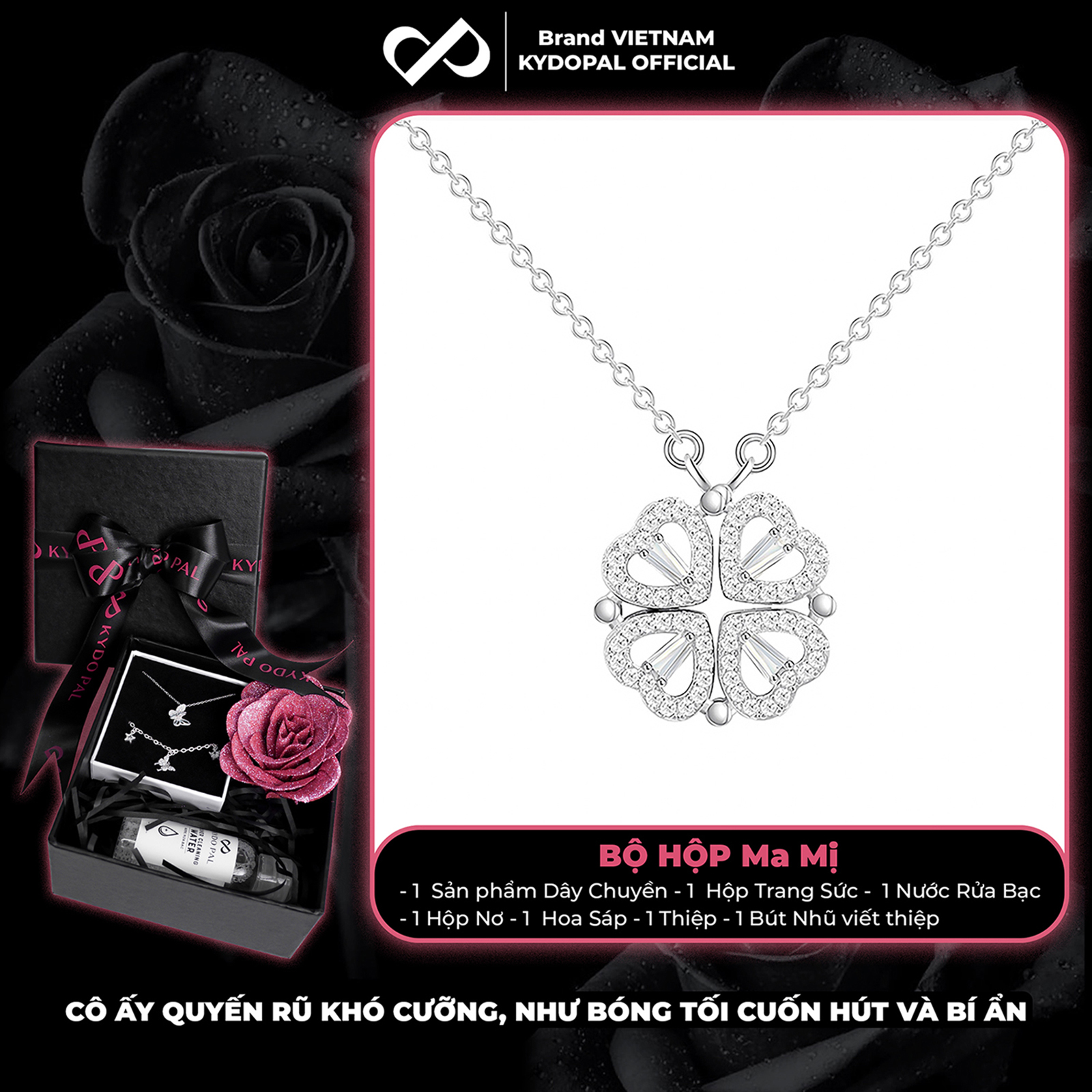 Dây chuyền bạc nữ KYDOPAL mẫu cỏ bốn 4 lá cá tính đá ghép hai trái tim trang sức 925 - PAL9C3C29