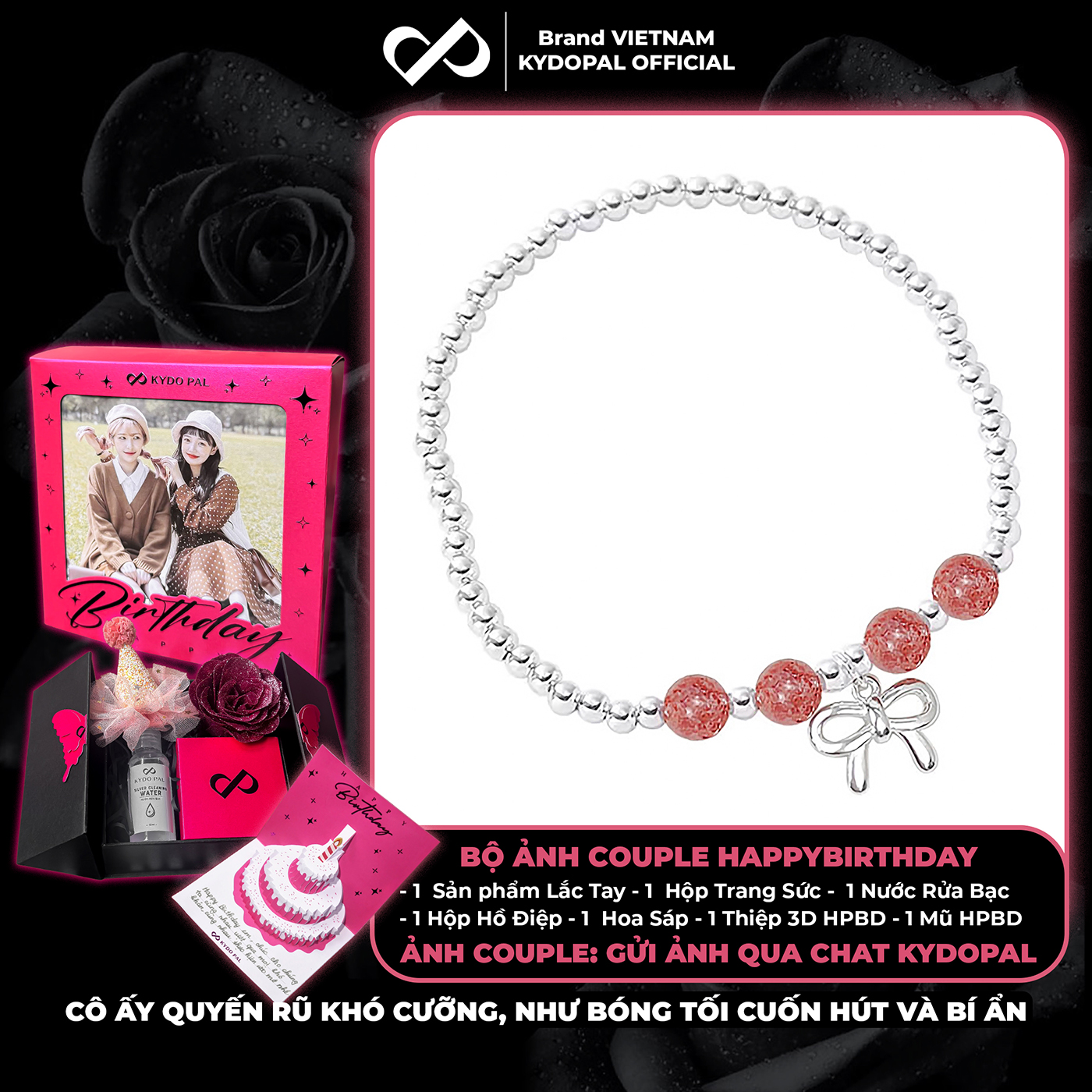 Lắc tay bạc nữ KYDOPAL bi bạc tròn charm nơ thắt trơn mix đá thạch anh dâu hồng đá phong thủy tự nhiên - PAL9C8L8