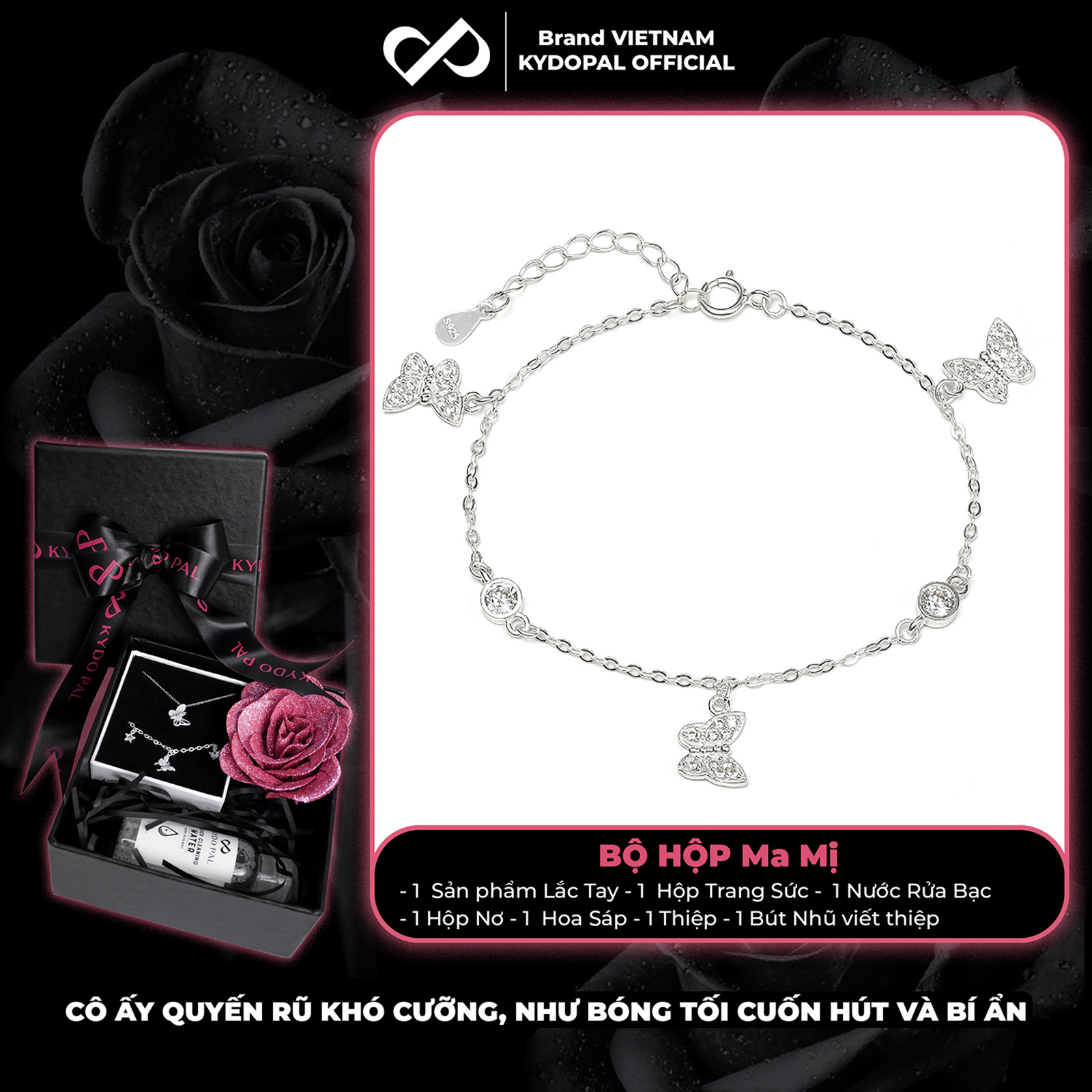 Lắc tay bạc nữ KYDOPAL treo ba charm hồ điệp cá tính đính đá mix ổ đá tròn dễ thương - PAL9C8L15