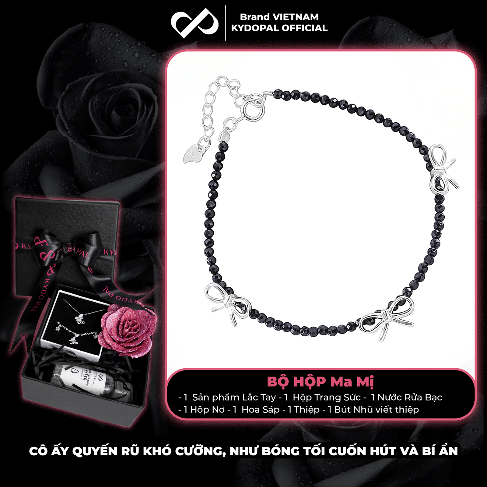 Lắc tay bạc nữ KYDOPAL s925 vòng tay hạt đá đen mix charm nơ trơn xinh xắn, cá tính - PAL9C12L26