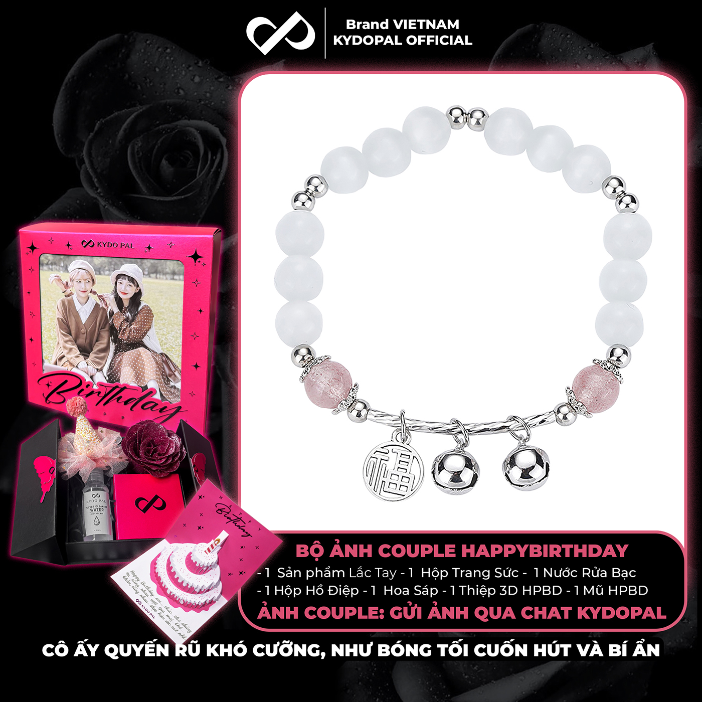 Lắc tay KYDOPAL đá mắt mèo 6mm cá tính thạch anh dâu hồng mix charm chuông đôi - PAL9C8L20