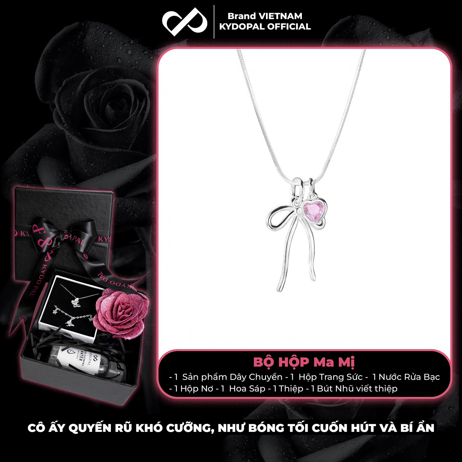 Dây chuyền bạc nữ KYDOPAL vòng cổ cá tính dây mì mặt hình nơ trơn mix đá tim hồng xinh xắn - PAL9C3C34