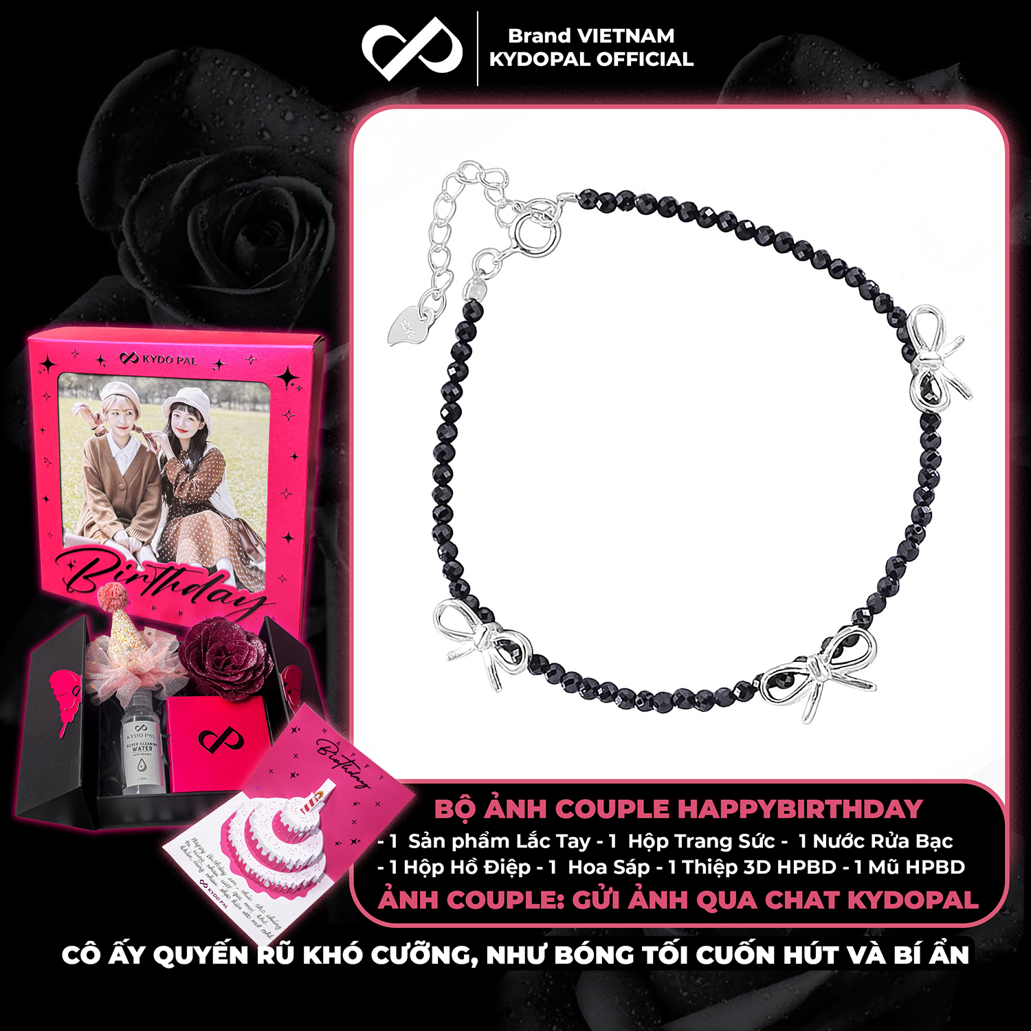 Lắc tay bạc nữ KYDOPAL s925 vòng tay hạt đá đen mix charm nơ trơn xinh xắn, cá tính - PAL9C12L26