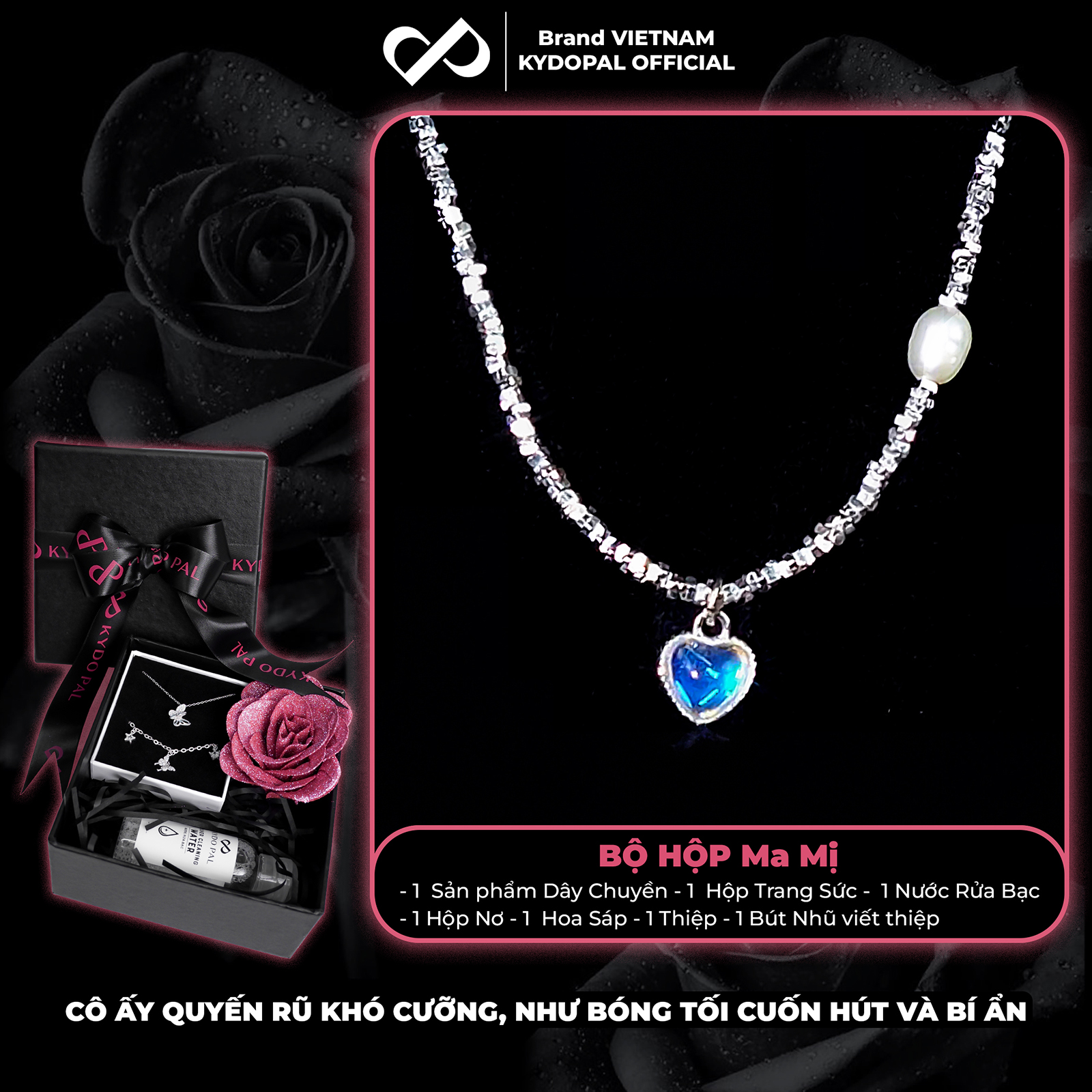 Dây chuyền bạc nữ KYDOPAL vòng cổ trái tim đá moon ánh xanh hạt vỡ nữ trang sức bạc 925 - PAL9C3C36