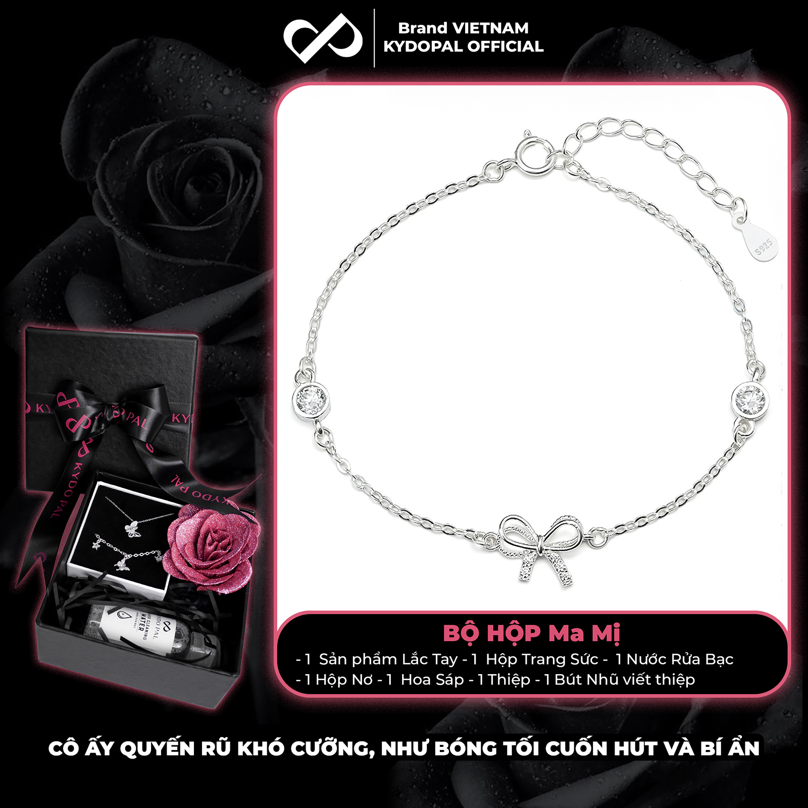 Lắc tay bạc nữ KYDOPAL nơ thắt cánh kép đính đá mix ổ đá tròn xinh xắn dịu dàng 925 - PAL9C8L16