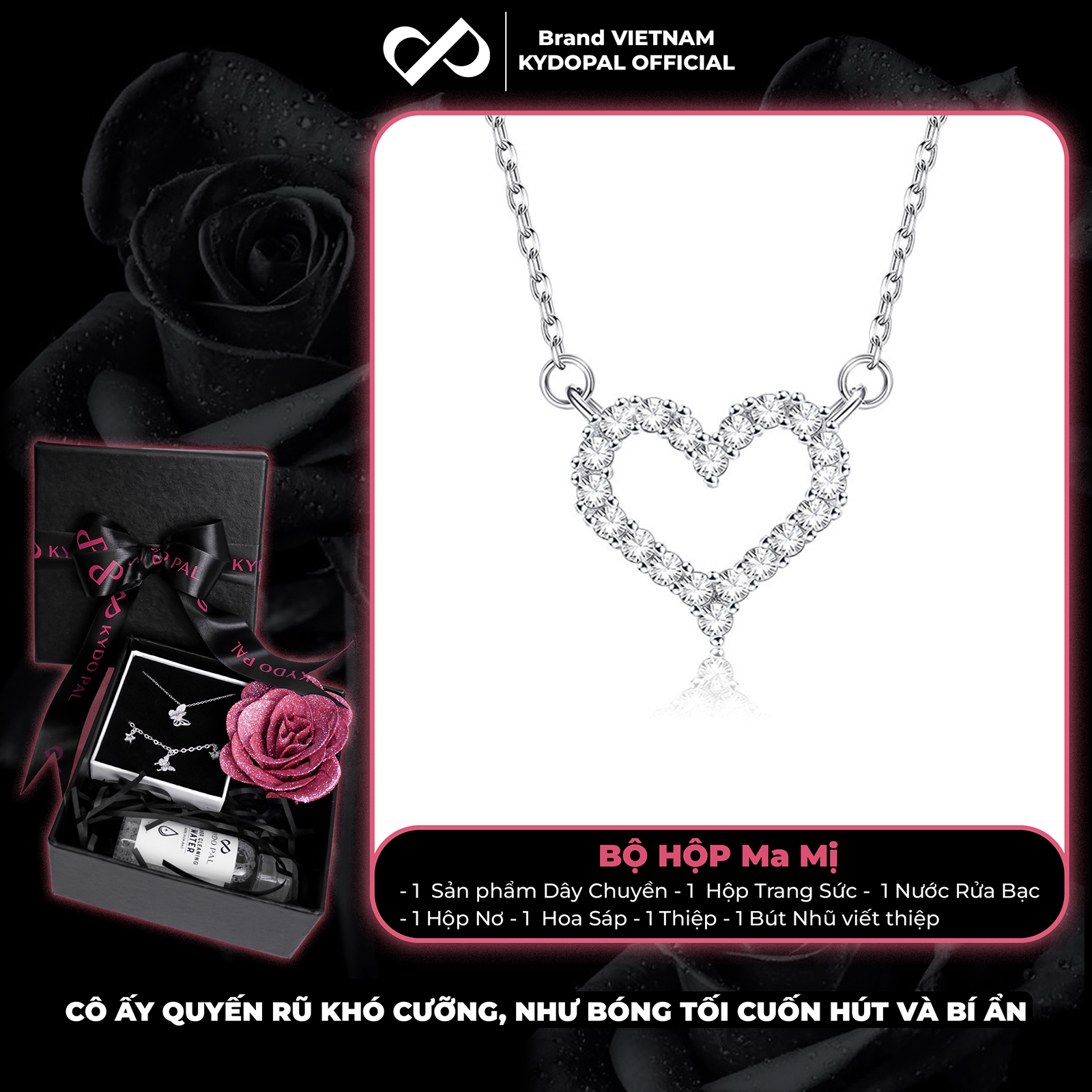 Dây chuyền bạc nữ KYDOPAL cá tính tim rỗng nạm đá viền cao cấp trang sức bạc 925 - PAL9C3C22