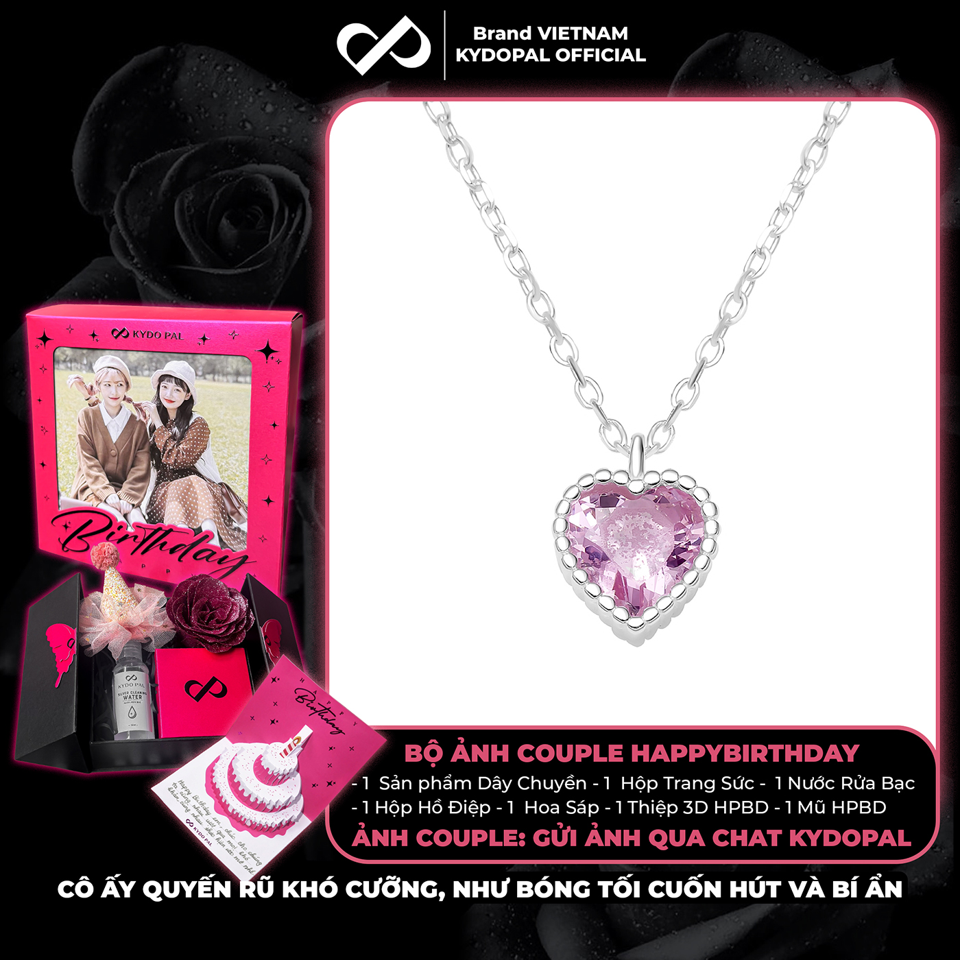 Dây chuyền bạc nữ KYDOPAL mẫu cá tính hạt mix mặt tim hồng blink lấp lánh trang sức 925 - PAL9C3C67