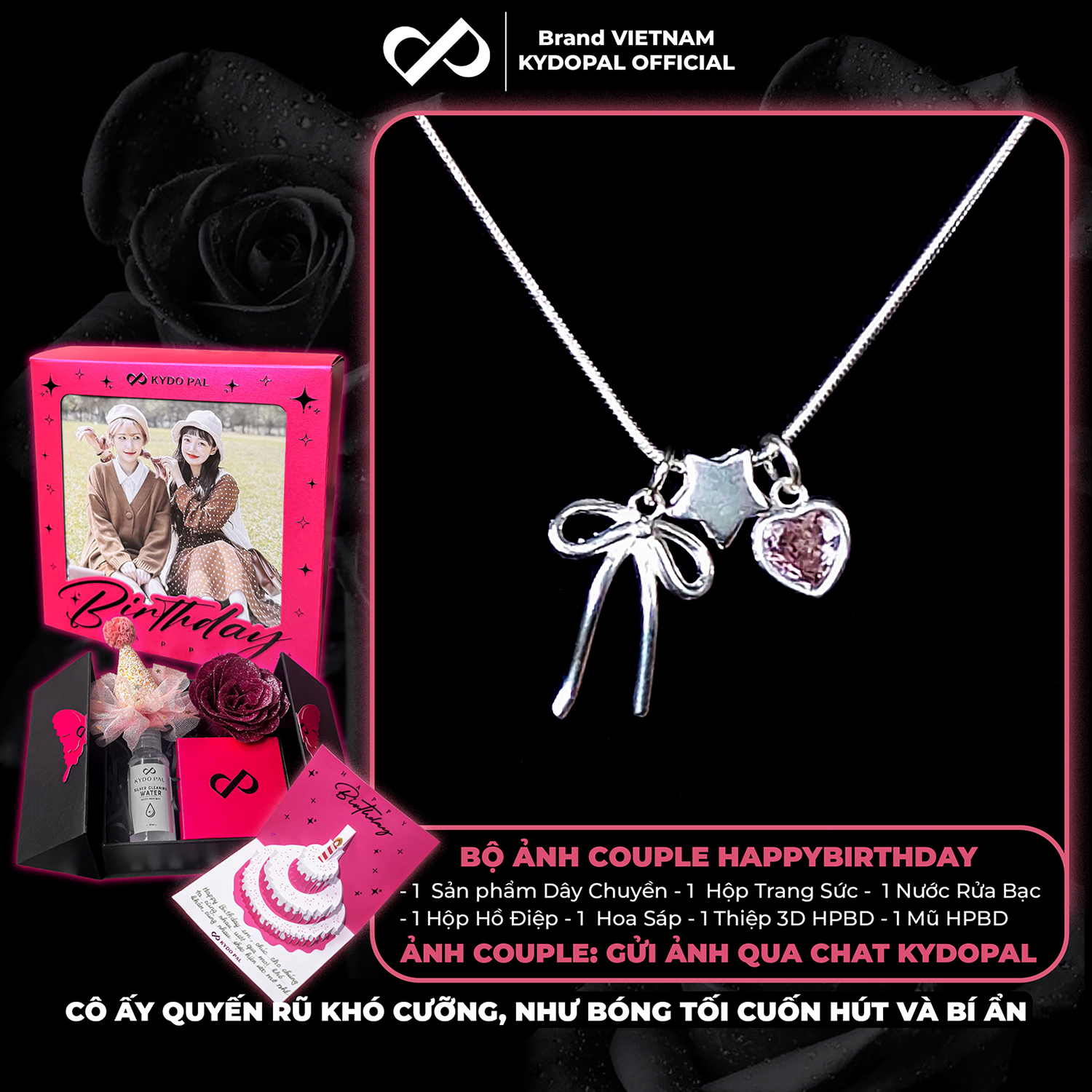 Dây chuyền bạc nữ KYDOPAL cá tính treo Charm nơ thắt, ngôi sao và tim hồng dễ thương - PAL9C3C38