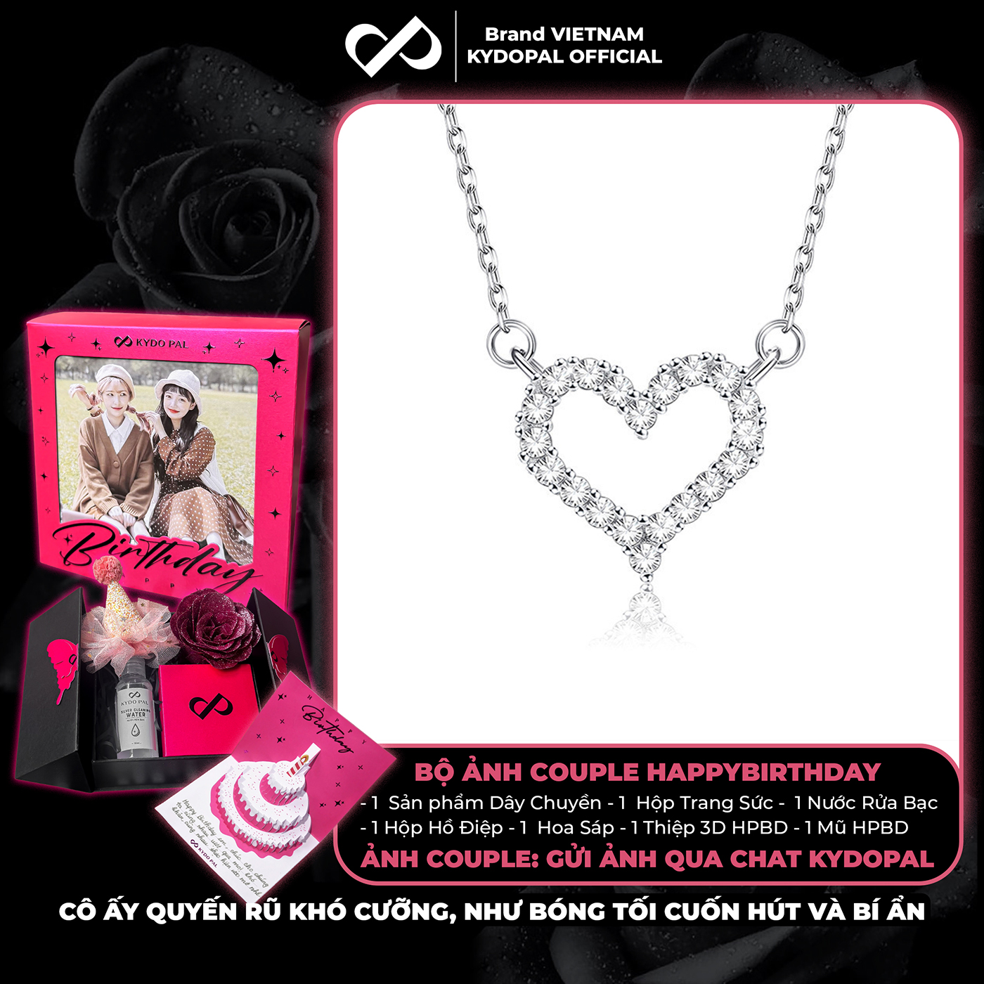 Dây chuyền bạc nữ KYDOPAL cá tính tim rỗng nạm đá viền cao cấp trang sức bạc 925 - PAL9C3C22