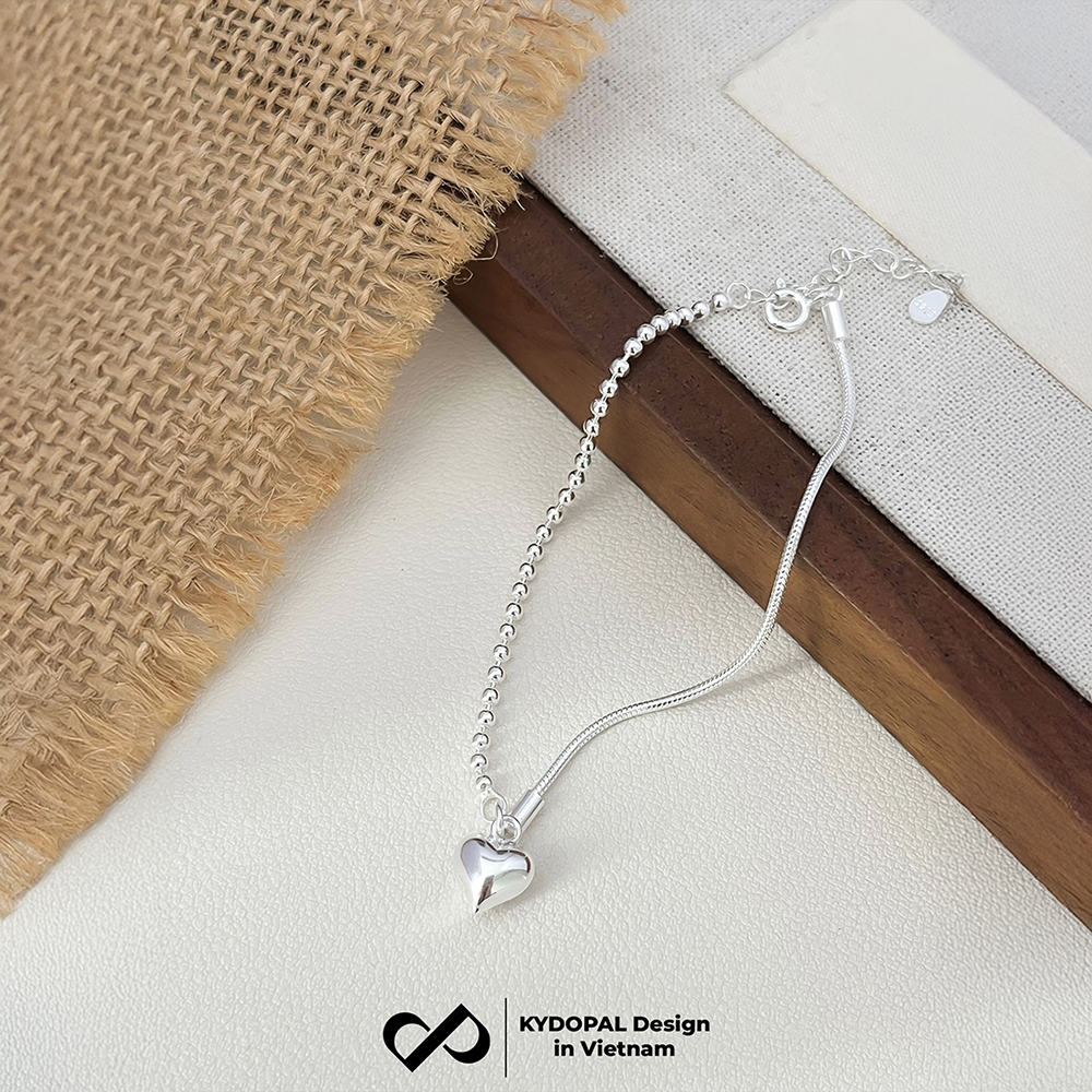 Lắc tay bạc nữ KYDOPAL vòng tay trái tim phồng treo dây mì bi chắc chắn trang sức 925 - PAL9C12L16