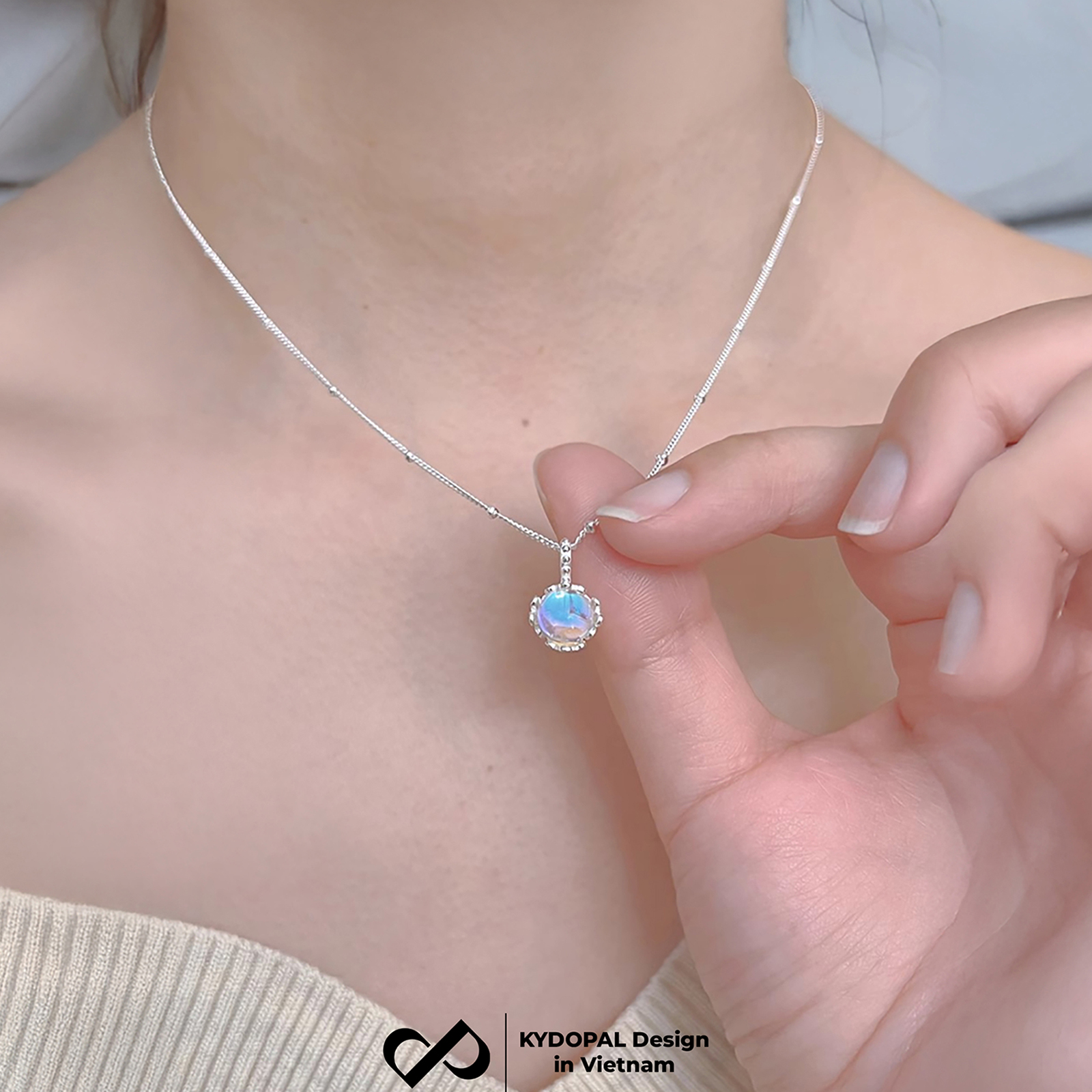 Dây chuyền bạc nữ KYDOPAL vòng cổ cá tính ổ đá cánh hoa tú cầu moonstone trang sức bạc 925 - PAL9C3C33