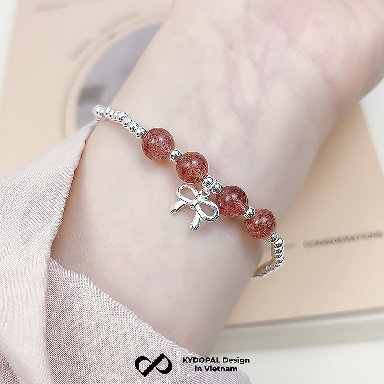 Lắc tay bạc nữ KYDOPAL bi bạc tròn charm nơ thắt trơn mix đá thạch anh dâu hồng đá phong thủy tự nhiên - PAL9C8L8