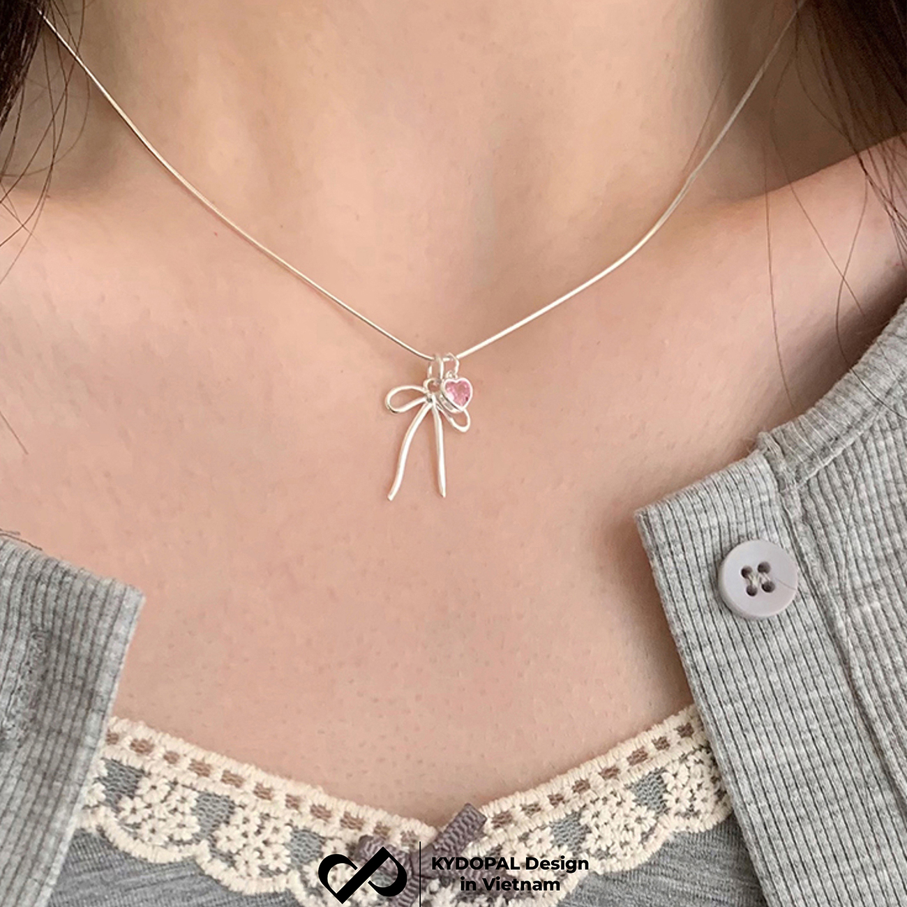 Dây chuyền bạc nữ KYDOPAL vòng cổ cá tính dây mì mặt hình nơ trơn mix đá tim hồng xinh xắn - PAL9C3C34