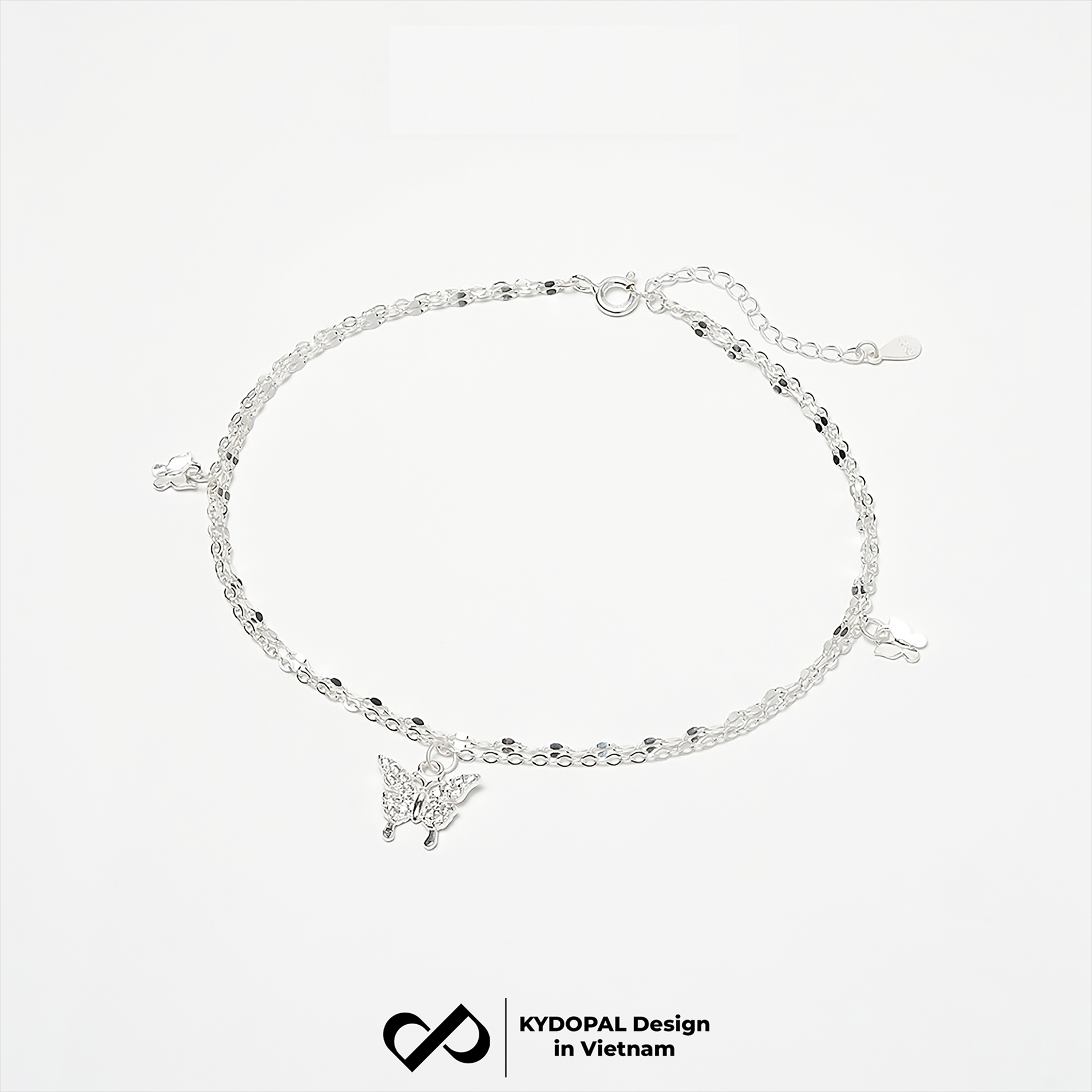 Lắc chân bạc nữ KYDOPAL dây kép hoa chặn treo charm hồ điệp đính đá dịu dàng, sang trọng - PAL9C8LC5