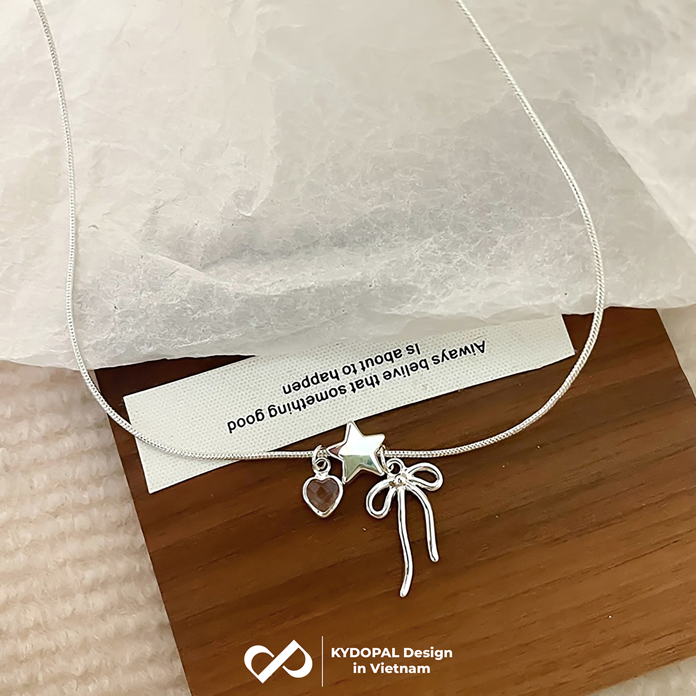 Dây chuyền bạc nữ KYDOPAL cá tính treo Charm nơ thắt, ngôi sao và tim hồng dễ thương - PAL9C3C38