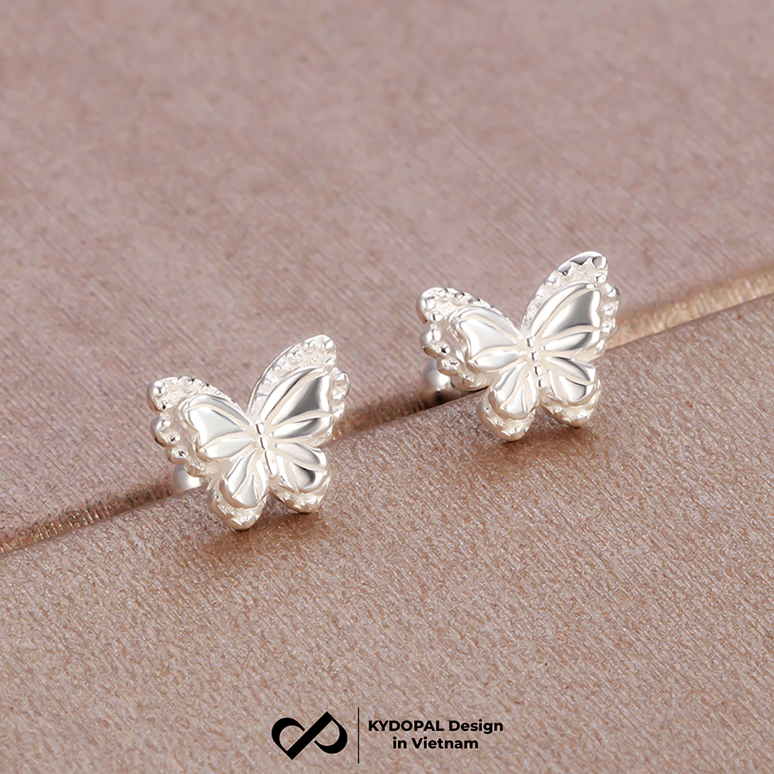 Khuyên tai bạc nữ KYDOPAL cánh hồ điệp đôi cách điệu viền hạt chốt ren bi xinh xắn - PAL9C11K2
