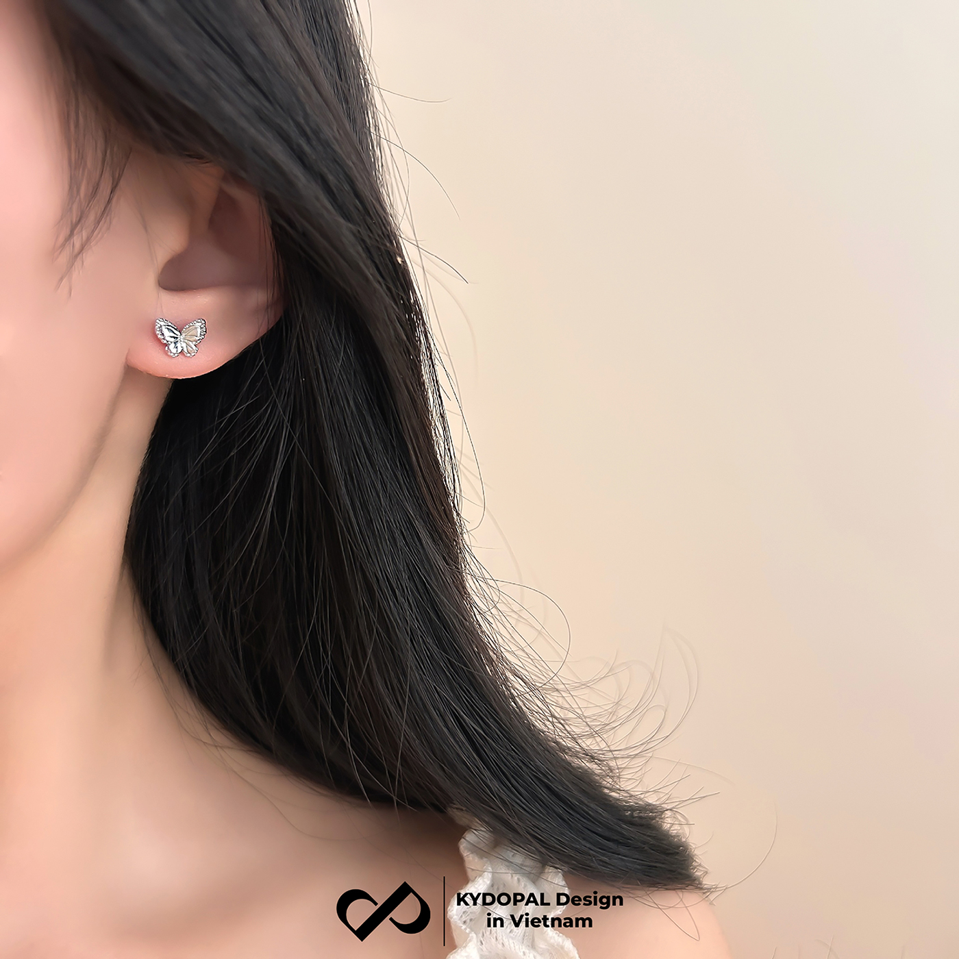 Khuyên tai bạc nữ KYDOPAL cánh hồ điệp đôi cách điệu viền hạt chốt ren bi xinh xắn - PAL9C11K2