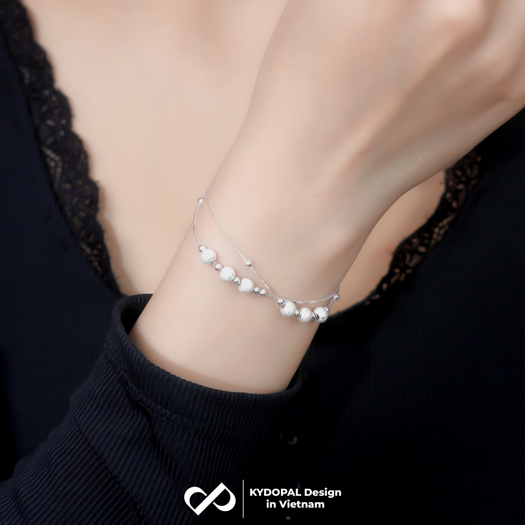 Lắc tay, lắc chân bạc nữ KYDOPAL dây kép xỏ bi cá tính phay cát lấp lánh trang sức 925 - PAL9C3L65