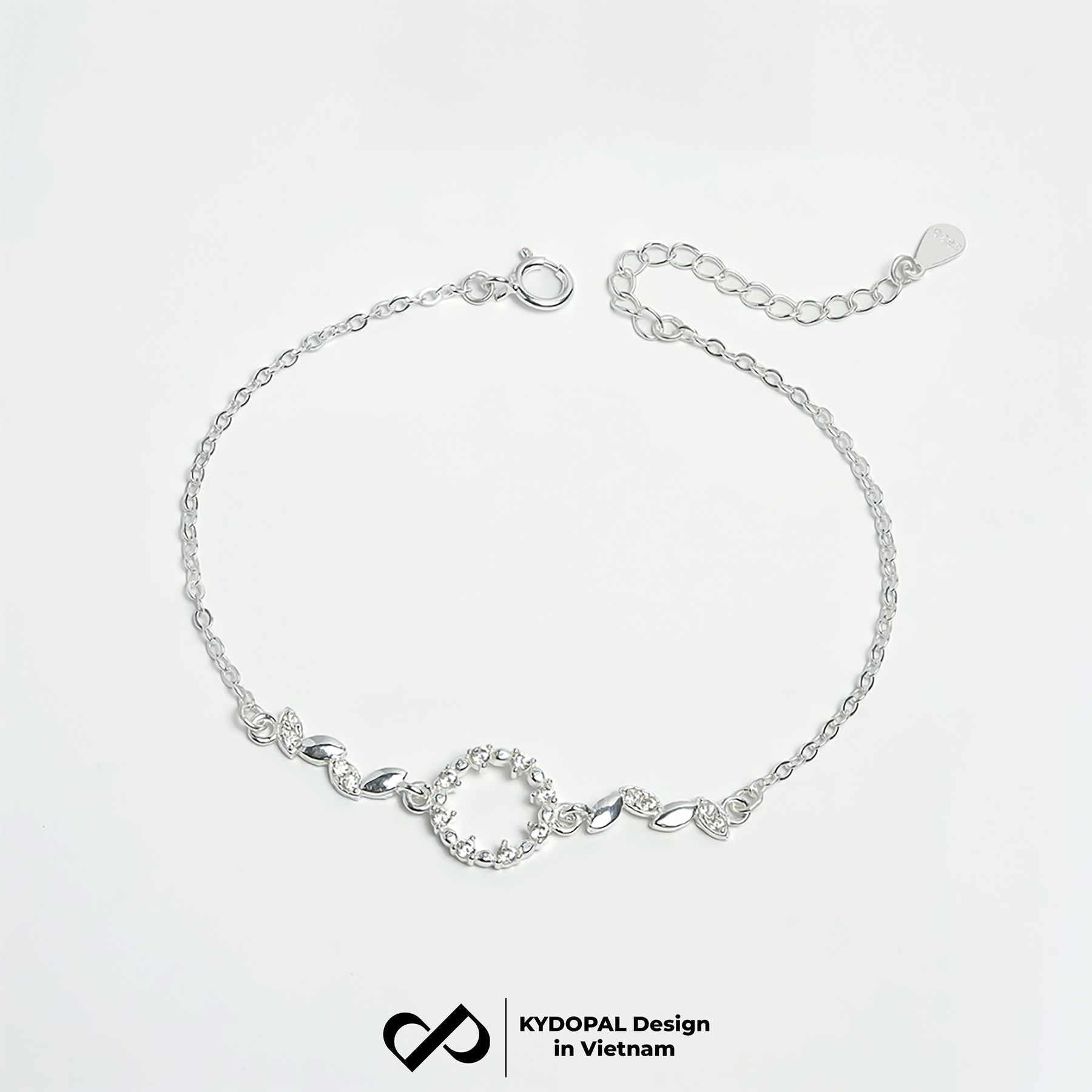 Lắc tay bạc nữ KYDOPAL mặt tròn nạm đá hình lá Circle Leaf huyền thoại biển xanh xinh xắn - PAL9C8L3