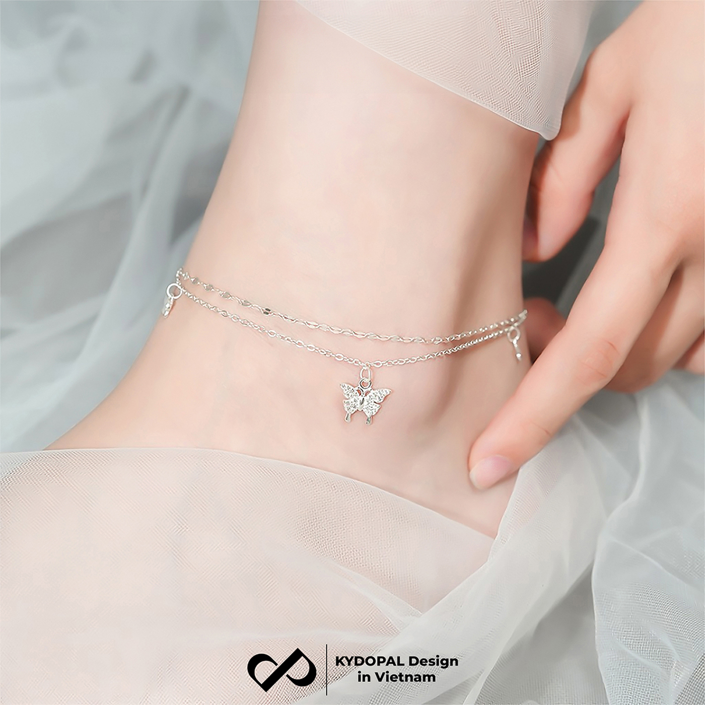 Lắc chân bạc nữ KYDOPAL dây kép hoa chặn treo charm hồ điệp đính đá dịu dàng, sang trọng - PAL9C8LC5