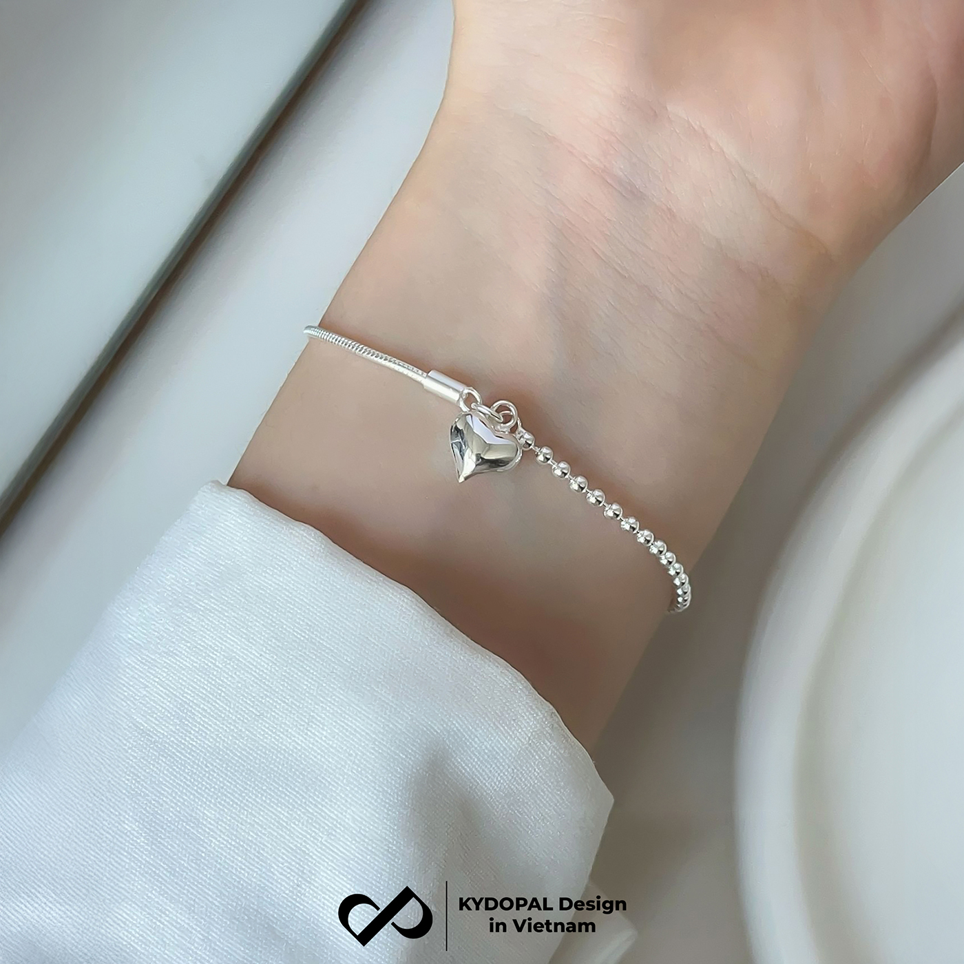 Lắc tay bạc nữ KYDOPAL vòng tay trái tim phồng treo dây mì bi chắc chắn trang sức 925 - PAL9C12L16