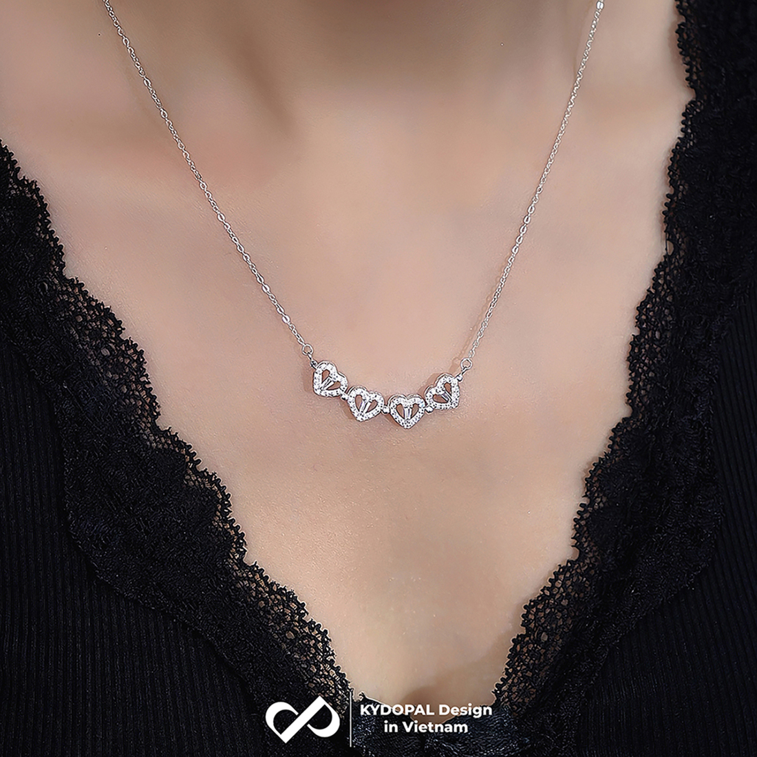 Dây chuyền bạc nữ KYDOPAL mẫu cỏ bốn 4 lá cá tính đá ghép hai trái tim trang sức 925 - PAL9C3C29