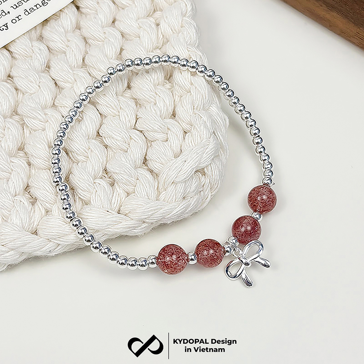 Lắc tay bạc nữ KYDOPAL bi bạc tròn charm nơ thắt trơn mix đá thạch anh dâu hồng đá phong thủy tự nhiên - PAL9C8L8