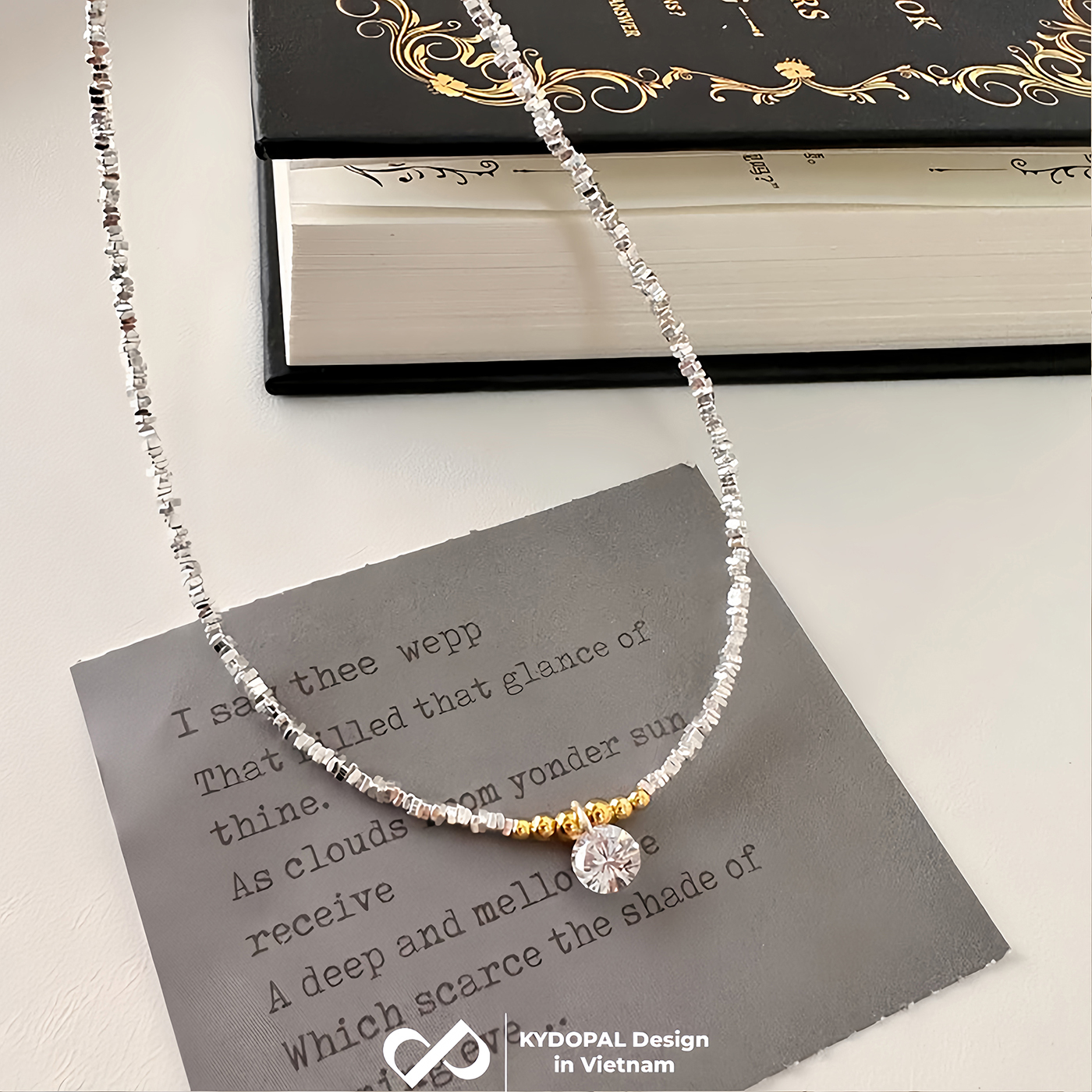Dây chuyền bạc nữ KYDOPAL hạt bạc vỡ mix charm bi vàng treo đá 8mm sáng trang sức 925 - PAL9C3C37