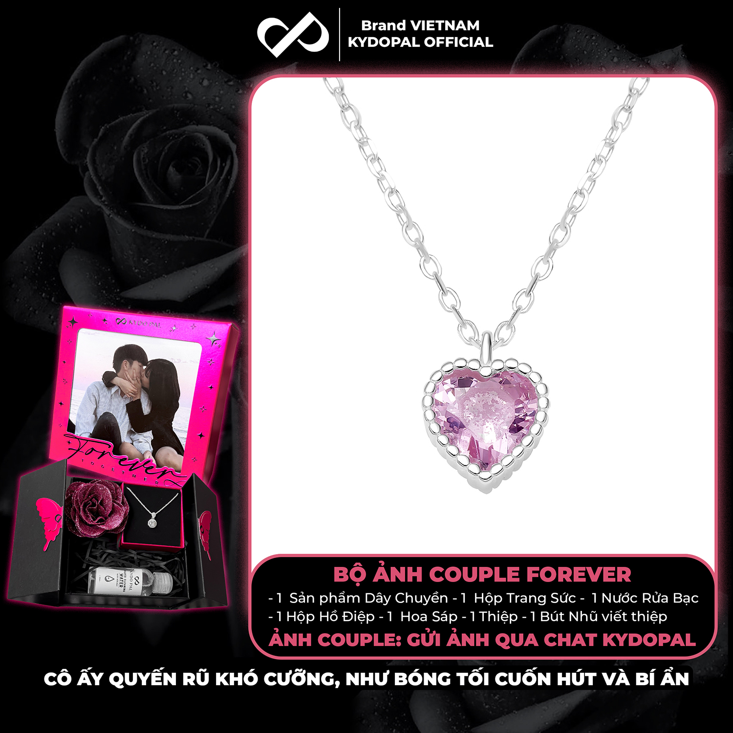 Dây chuyền bạc nữ KYDOPAL mẫu cá tính hạt mix mặt tim hồng blink lấp lánh trang sức 925 - PAL9C3C67