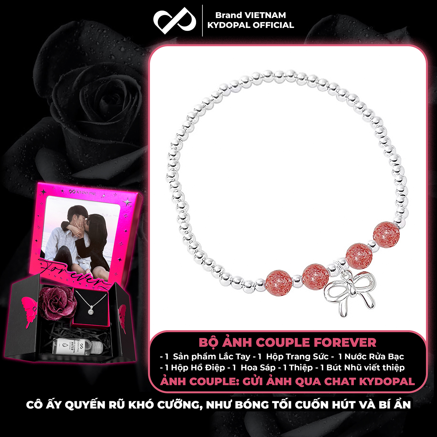 Lắc tay bạc nữ KYDOPAL bi bạc tròn charm nơ thắt trơn mix đá thạch anh dâu hồng đá phong thủy tự nhiên - PAL9C8L8