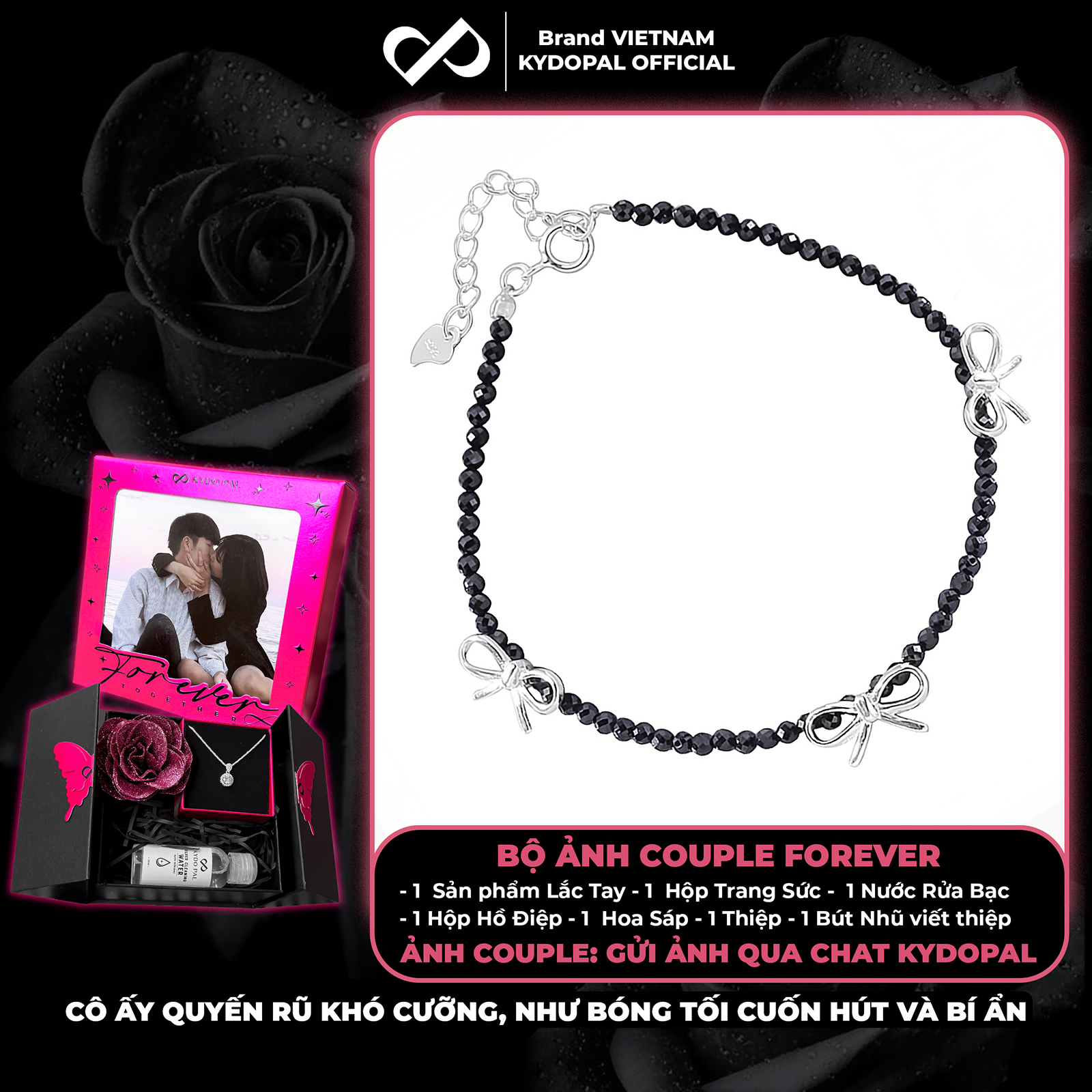 Lắc tay bạc nữ KYDOPAL s925 vòng tay hạt đá đen mix charm nơ trơn xinh xắn, cá tính - PAL9C12L26