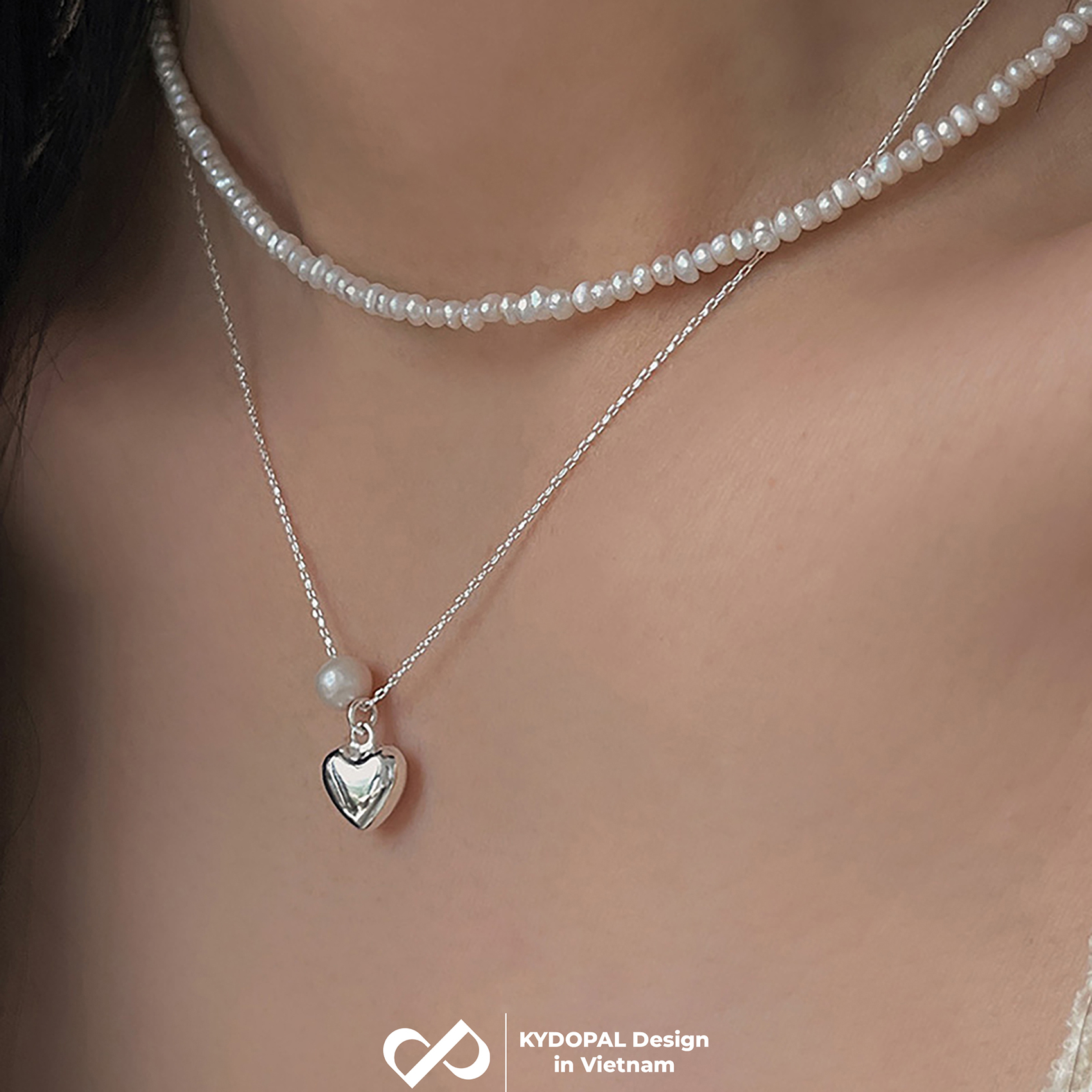 Dây chuyền bạc nữ KYDOPAL vòng cổ cá tính xỏ trai nuôi mix tim phồng nữ tính - PAL9C3C54