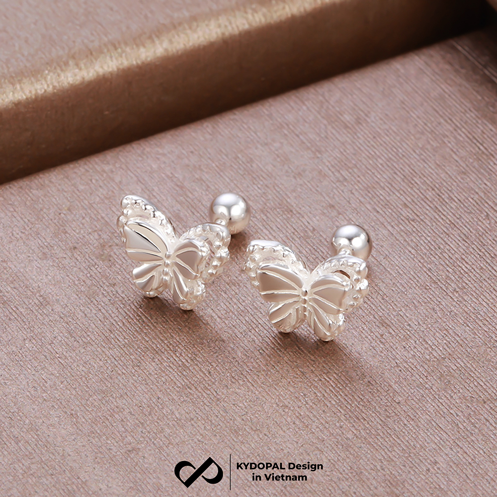 Khuyên tai bạc nữ KYDOPAL cánh hồ điệp đôi cách điệu viền hạt chốt ren bi xinh xắn - PAL9C11K2