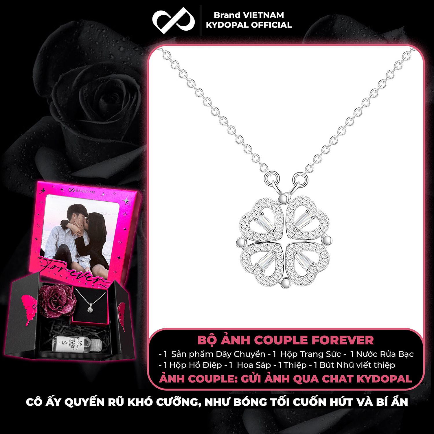 Dây chuyền bạc nữ KYDOPAL mẫu cỏ bốn 4 lá cá tính đá ghép hai trái tim trang sức 925 - PAL9C3C29