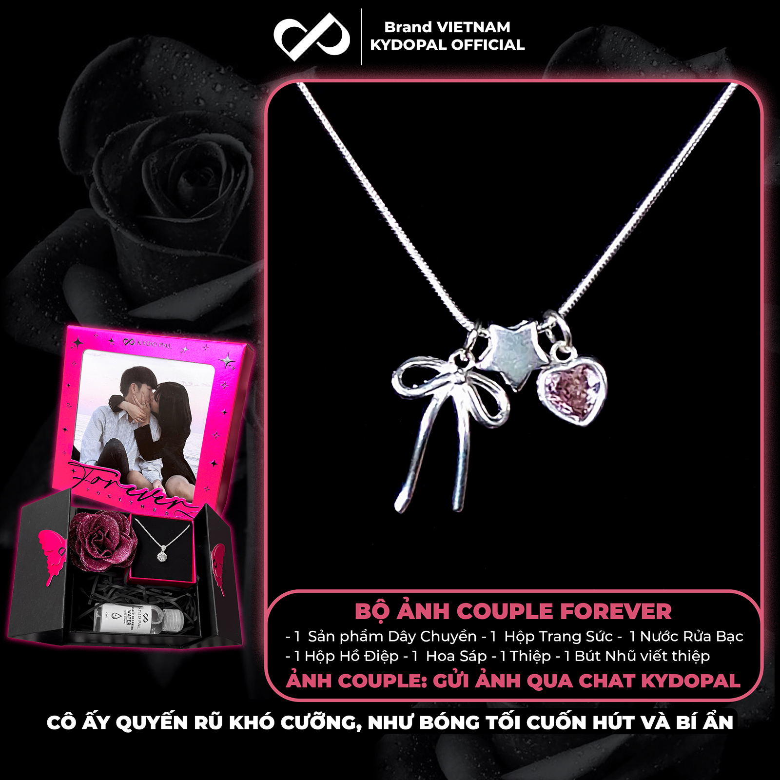 Dây chuyền bạc nữ KYDOPAL cá tính treo Charm nơ thắt, ngôi sao và tim hồng dễ thương - PAL9C3C38