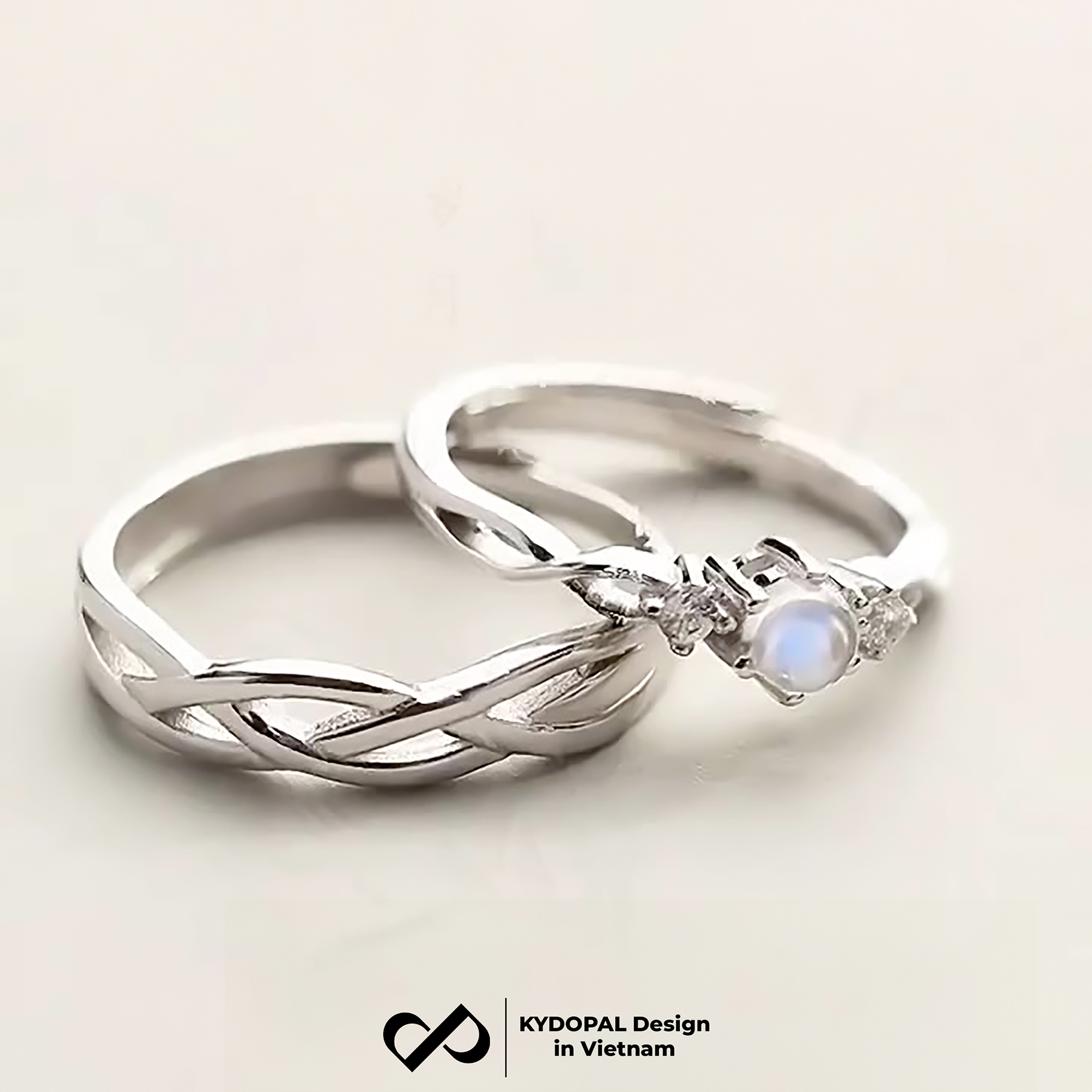 Nhẫn đôi bạc KYDOPAL cá tính gắn đá moonstone dành cho các cặp đôi trang sức bạc 925 - PAL9C3N8