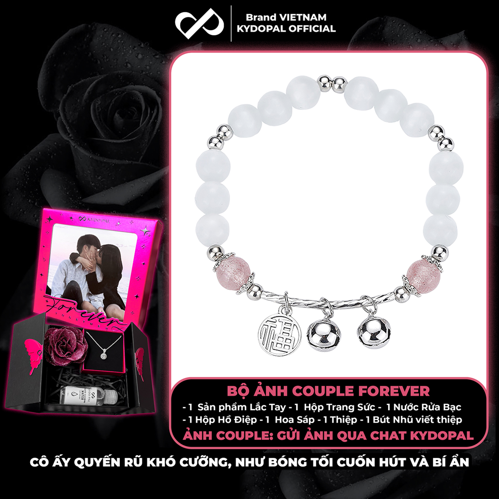Lắc tay KYDOPAL đá mắt mèo 6mm cá tính thạch anh dâu hồng mix charm chuông đôi - PAL9C8L20