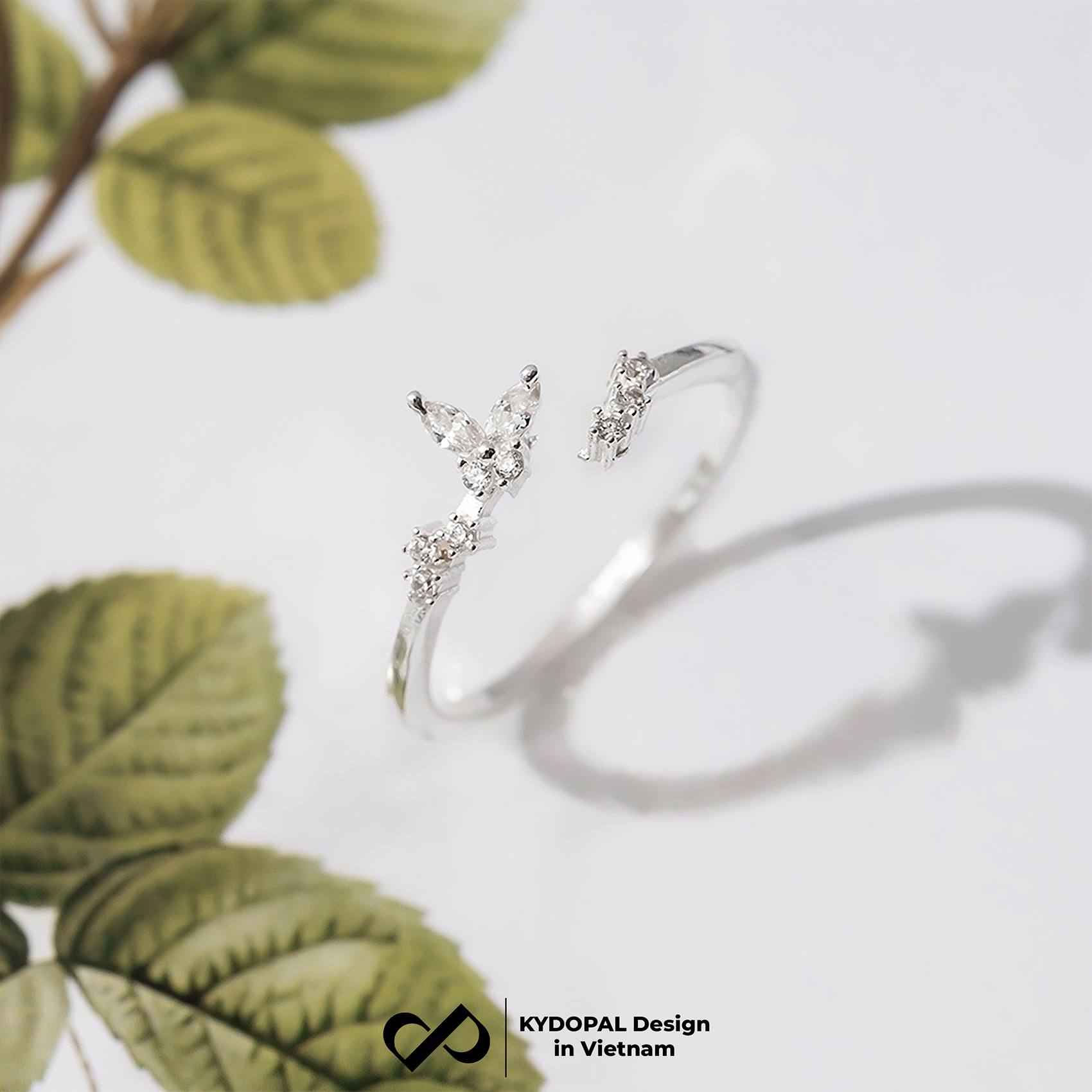Nhẫn bạc nữ KYDOPAL hình cánh hồ điệp cành lá đính đá sang trọng trang sức bạc 925 - PAL9C11N7