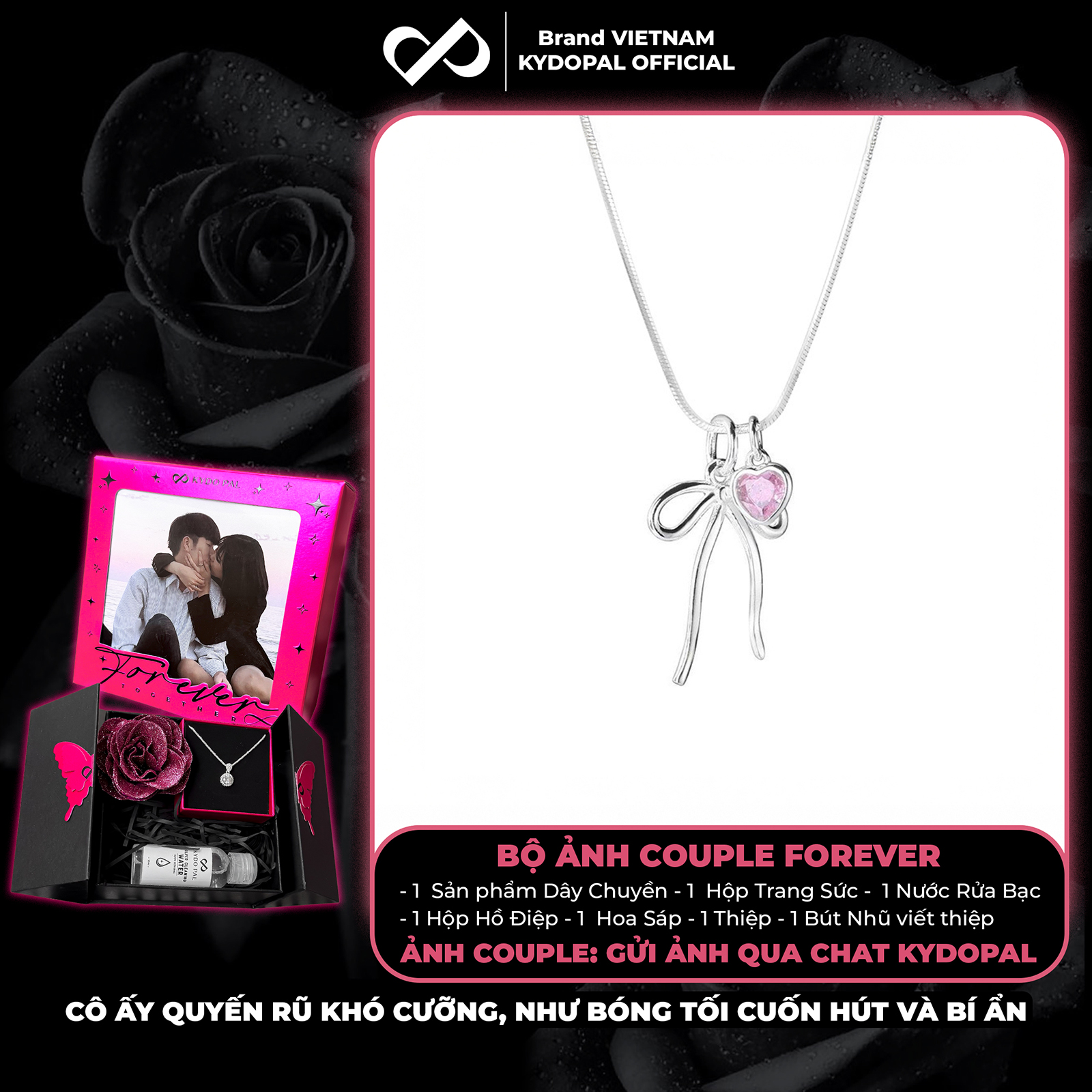 Dây chuyền bạc nữ KYDOPAL vòng cổ cá tính dây mì mặt hình nơ trơn mix đá tim hồng xinh xắn - PAL9C3C34