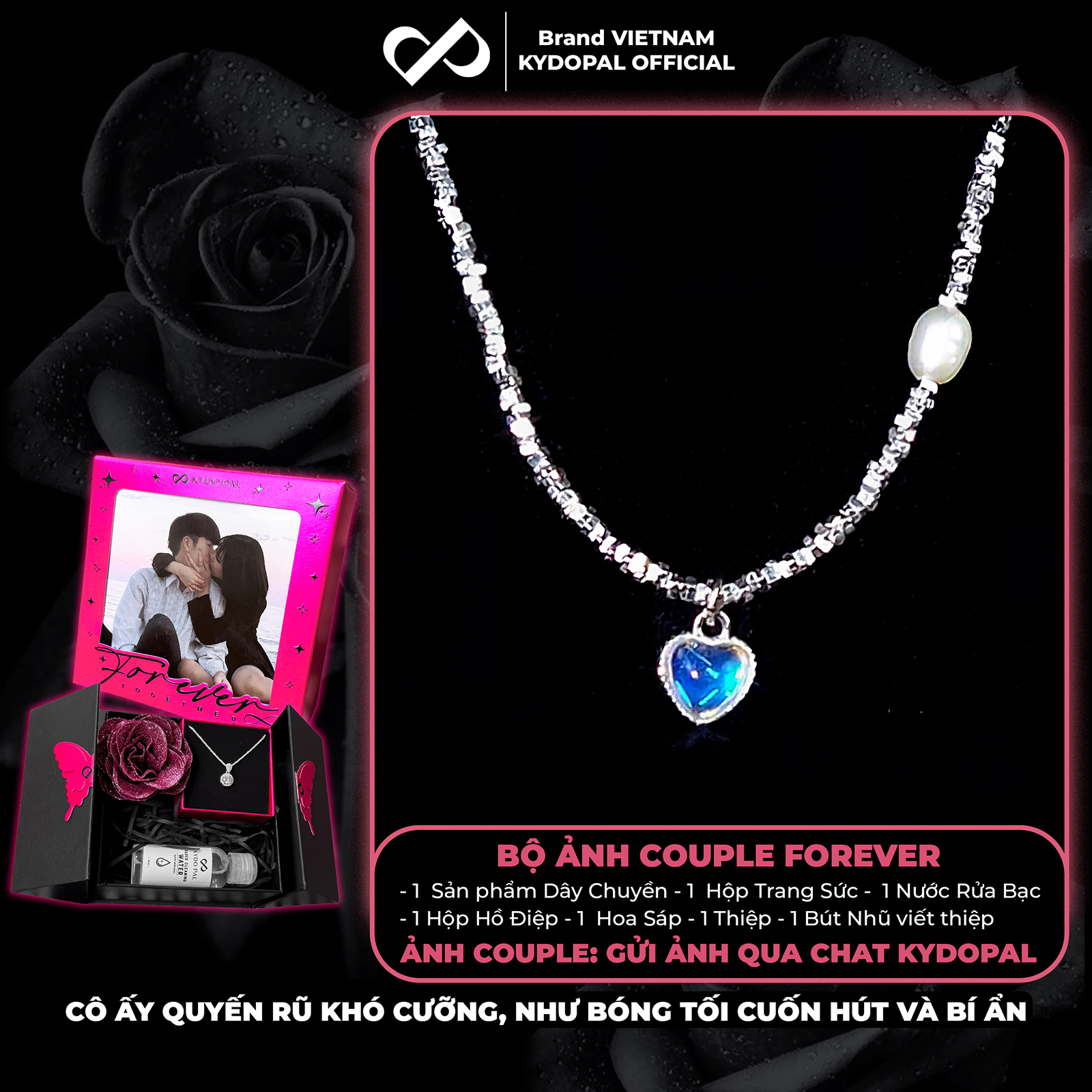 Dây chuyền bạc nữ KYDOPAL vòng cổ trái tim đá moon ánh xanh hạt vỡ nữ trang sức bạc 925 - PAL9C3C36