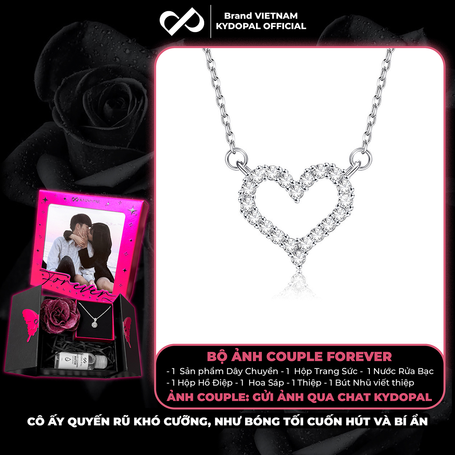 Dây chuyền bạc nữ KYDOPAL cá tính tim rỗng nạm đá viền cao cấp trang sức bạc 925 - PAL9C3C22