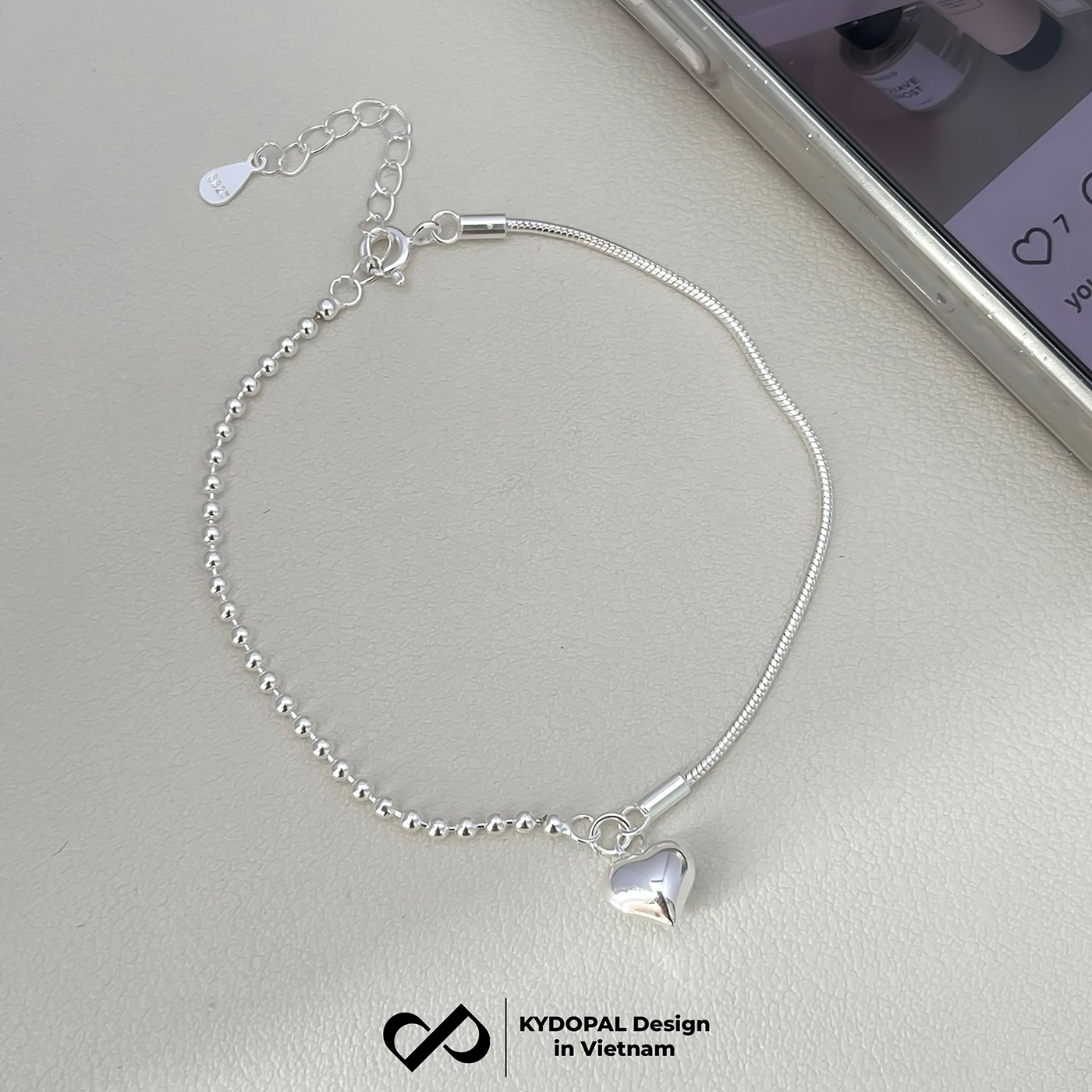 Lắc tay bạc nữ KYDOPAL vòng tay trái tim phồng treo dây mì bi chắc chắn trang sức 925 - PAL9C12L16