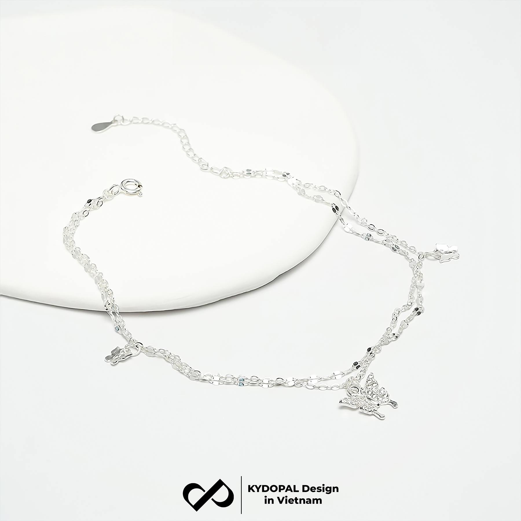 Lắc chân bạc nữ KYDOPAL dây kép hoa chặn treo charm hồ điệp đính đá dịu dàng, sang trọng - PAL9C8LC5