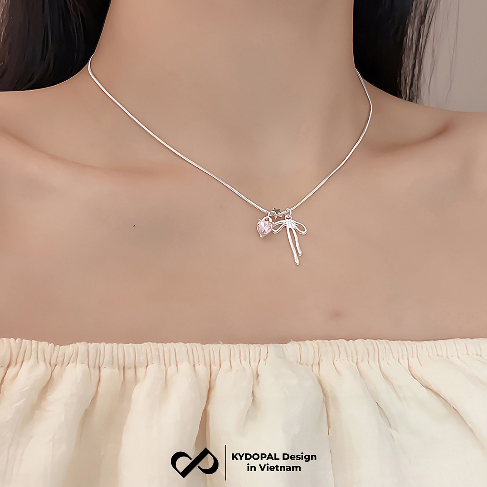 Dây chuyền bạc nữ KYDOPAL cá tính treo Charm nơ thắt, ngôi sao và tim hồng dễ thương - PAL9C3C38