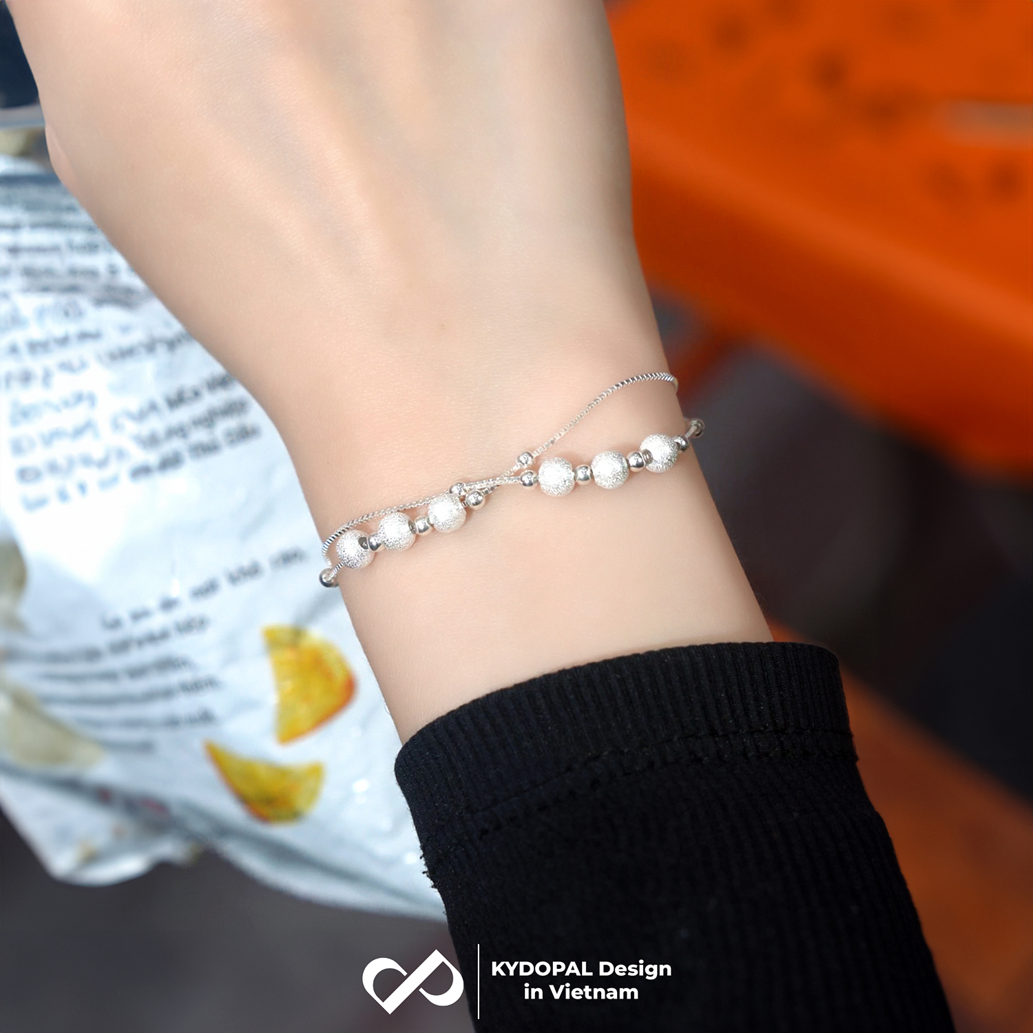 Lắc tay, lắc chân bạc nữ KYDOPAL dây kép xỏ bi cá tính phay cát lấp lánh trang sức 925 - PAL9C3L65