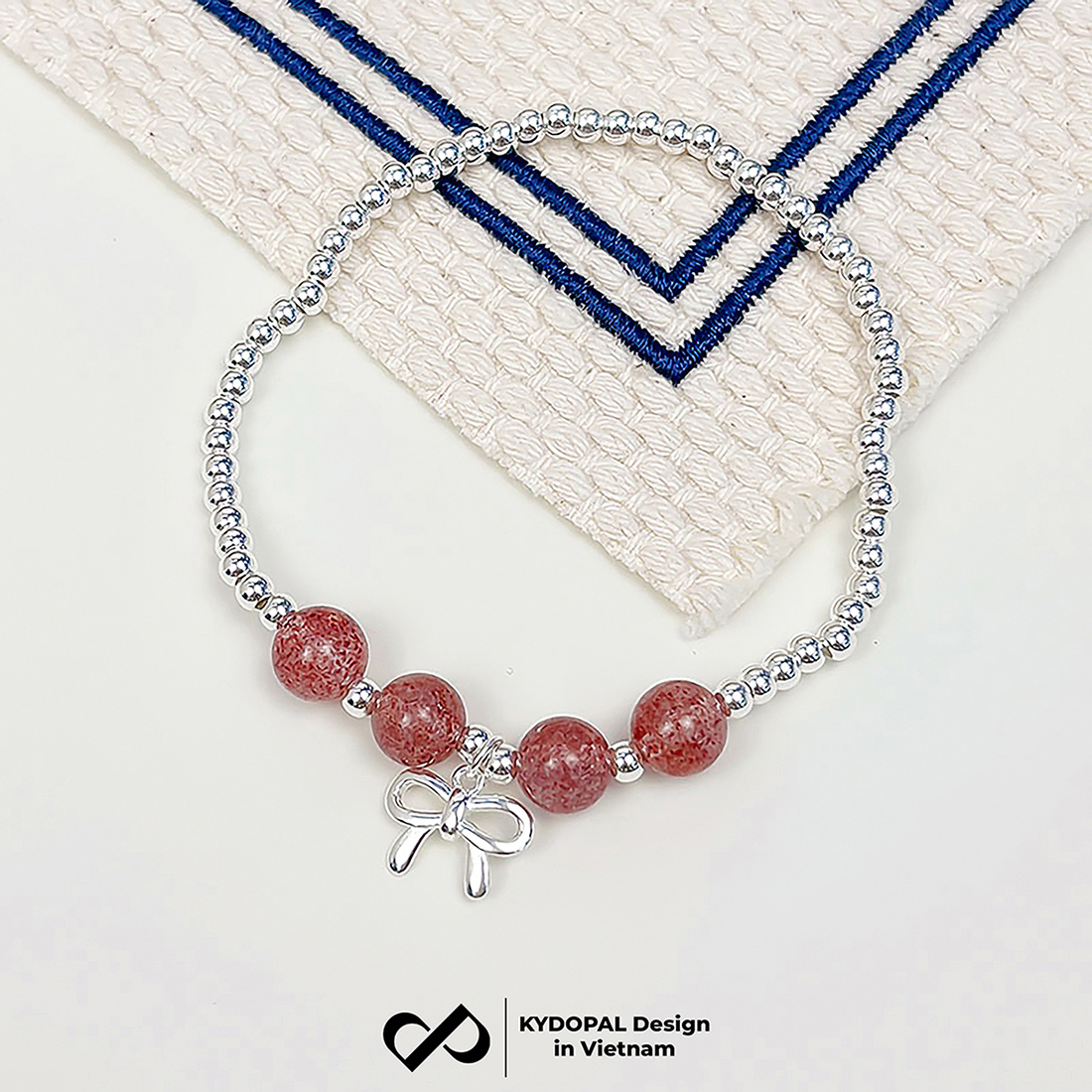 Lắc tay bạc nữ KYDOPAL bi bạc tròn charm nơ thắt trơn mix đá thạch anh dâu hồng đá phong thủy tự nhiên - PAL9C8L8