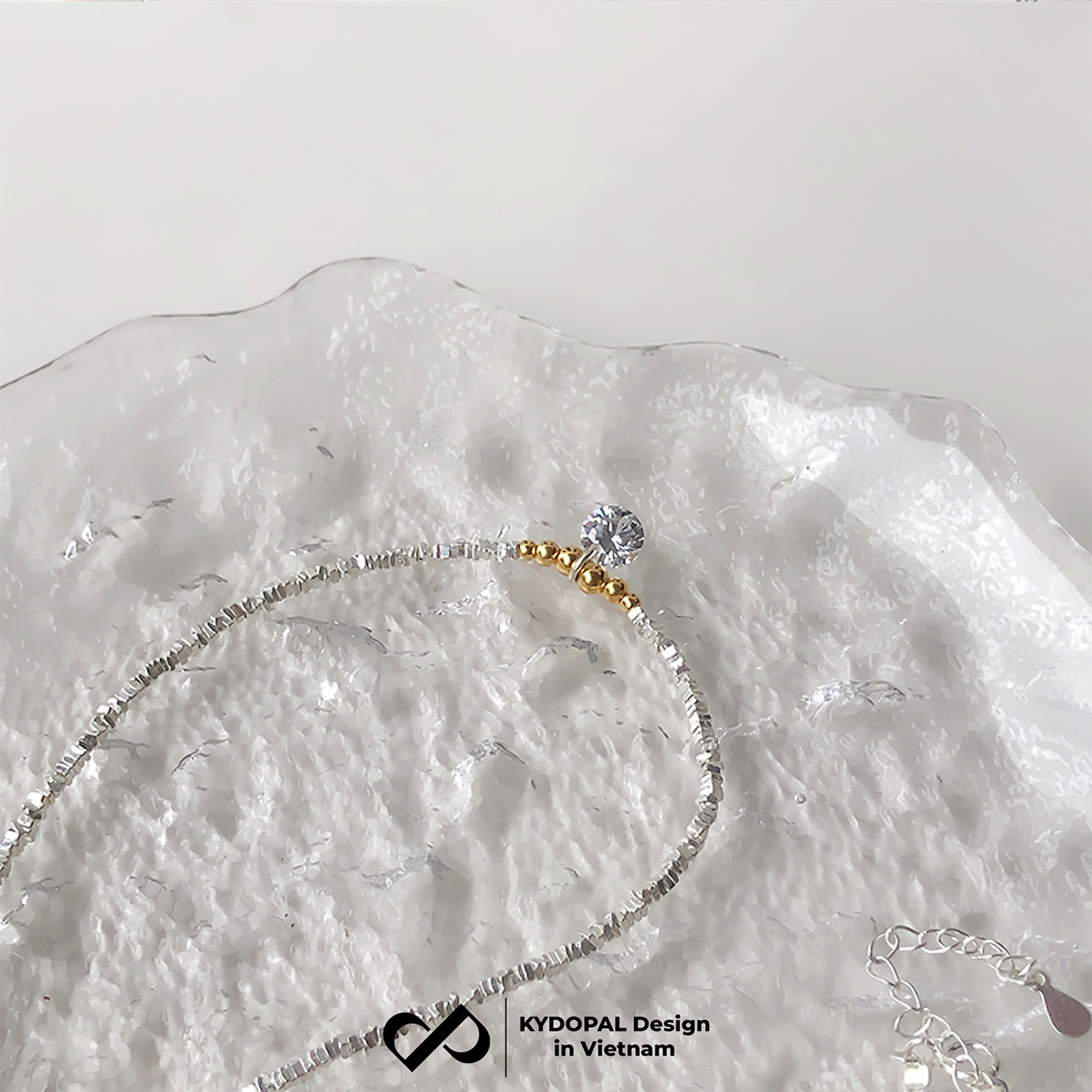 Dây chuyền bạc nữ KYDOPAL hạt bạc vỡ mix charm bi vàng treo đá 8mm sáng trang sức 925 - PAL9C3C37