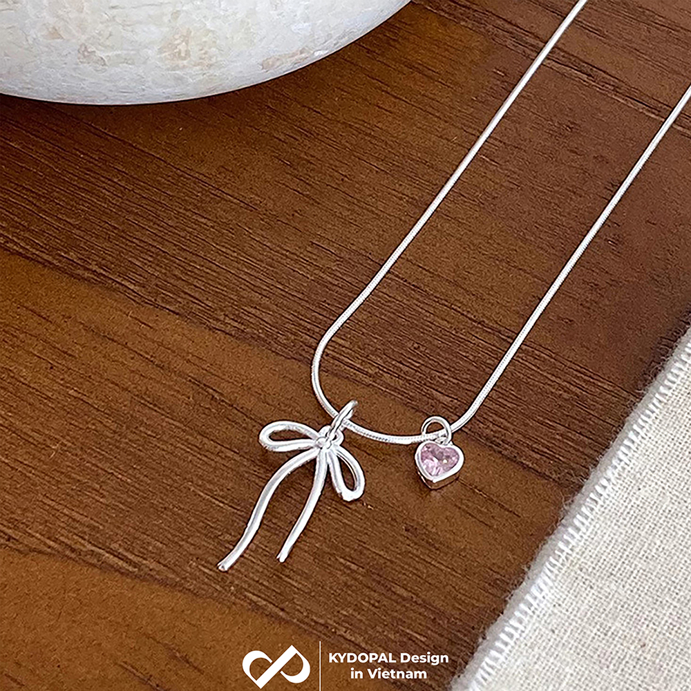 Dây chuyền bạc nữ KYDOPAL vòng cổ cá tính dây mì mặt hình nơ trơn mix đá tim hồng xinh xắn - PAL9C3C34
