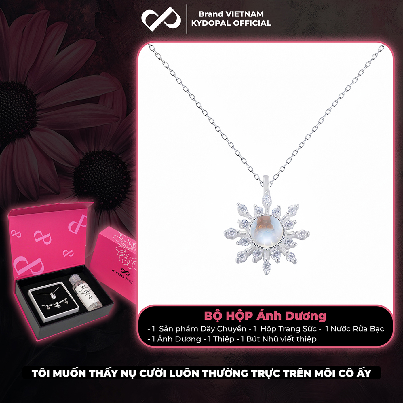 Dây chuyền bạc nữ KYDOPAL vòng cổ mặt trời đá moonstone đổi màu lấp lánh - PAL9C3C48